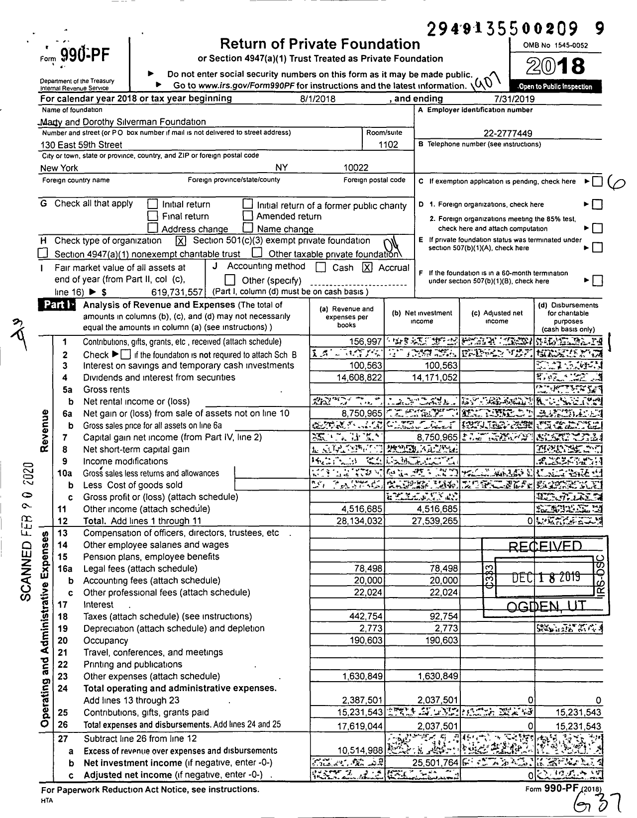 Image of first page of 2018 Form 990PF for Marty and Dorothy Silverman Foundation