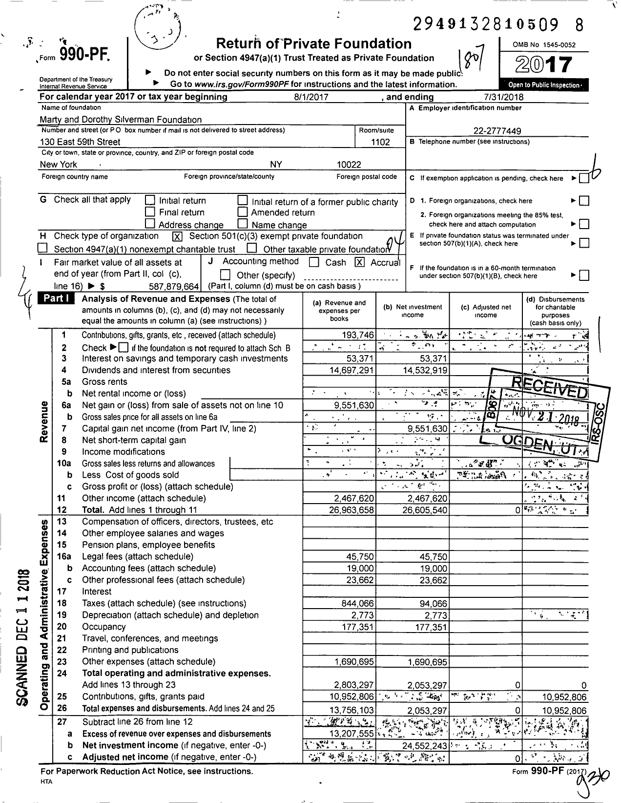 Image of first page of 2017 Form 990PF for Marty and Dorothy Silverman Foundation
