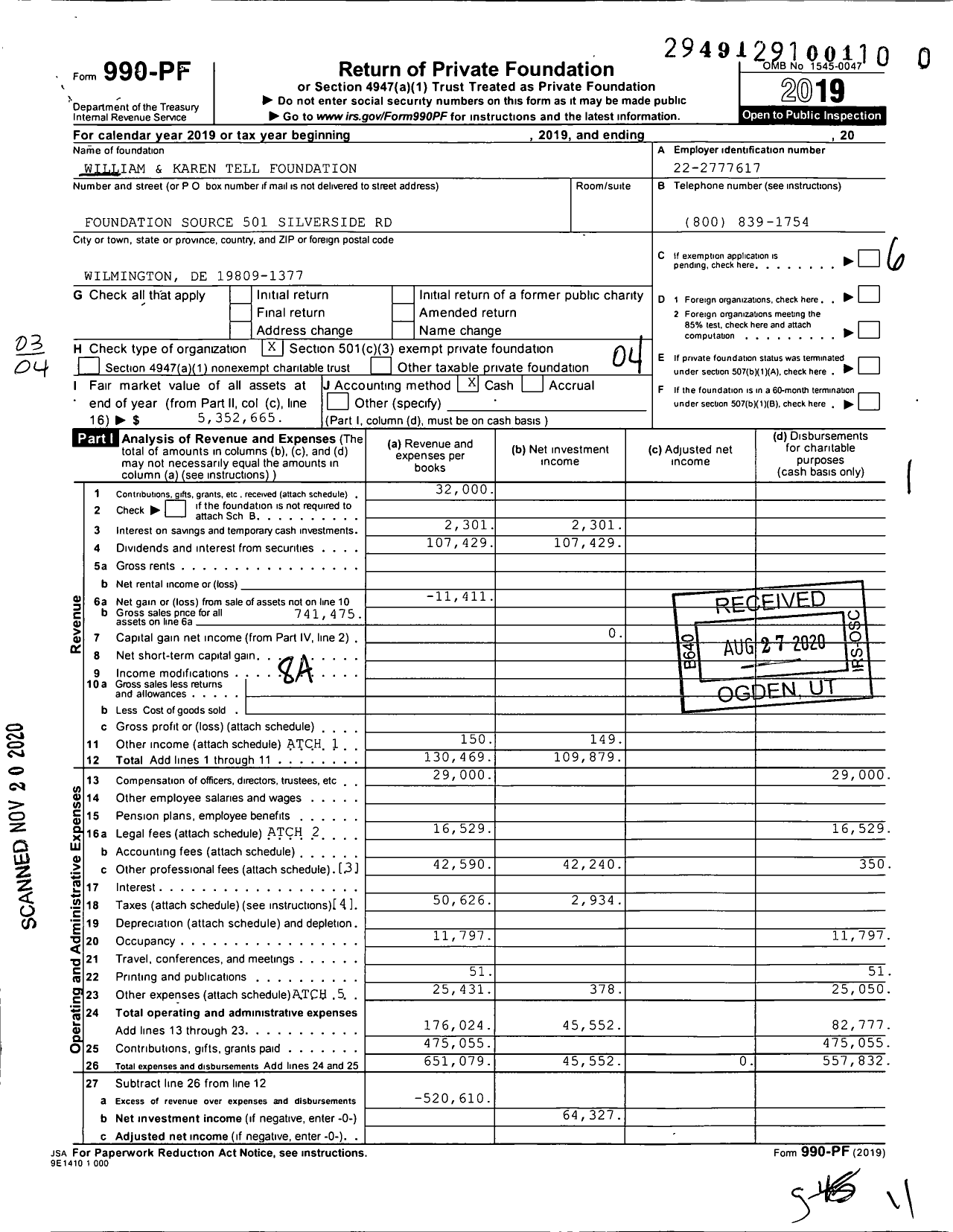 Image of first page of 2019 Form 990PF for William & Karen Tell Foundation