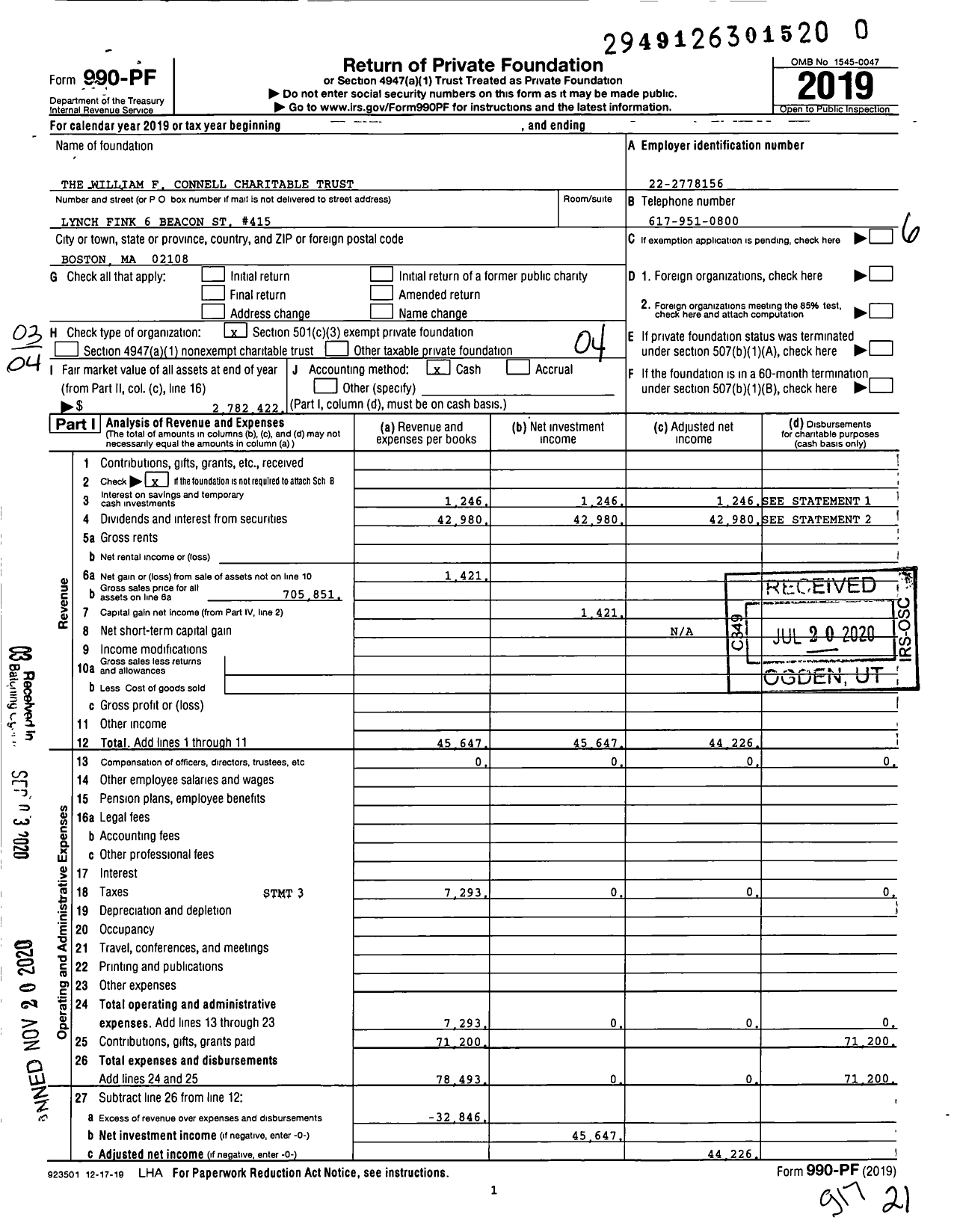 Image of first page of 2019 Form 990PF for The William F Connell Charitable Trust