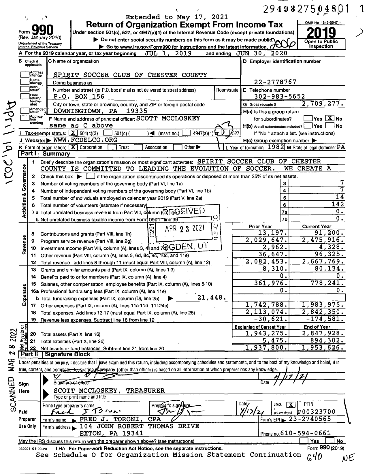 Image of first page of 2019 Form 990 for Spirit United Soccer Club (SUSC)