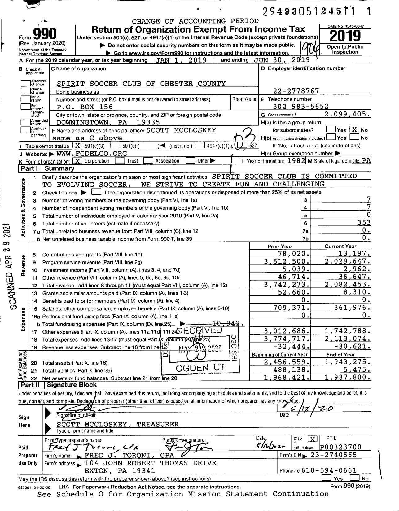 Image of first page of 2018 Form 990 for Spirit United Soccer Club (SUSC)