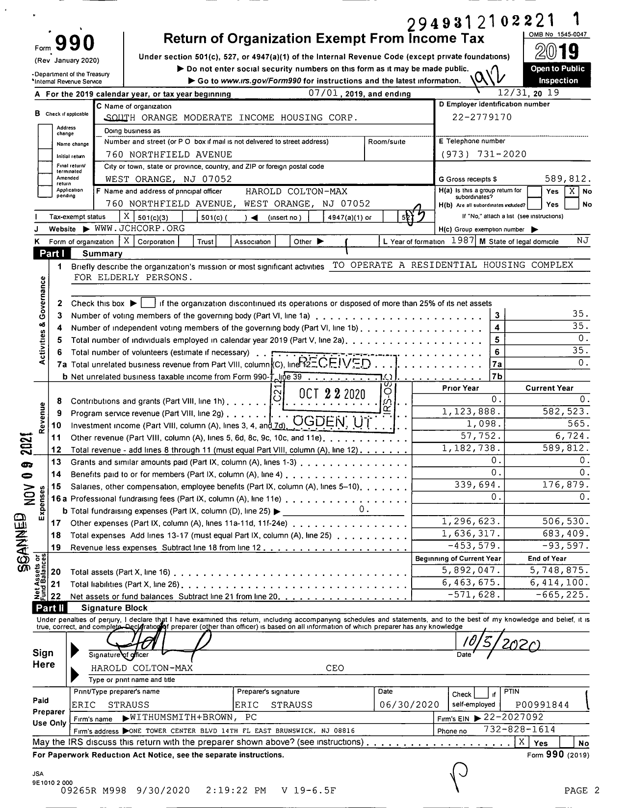 Image of first page of 2019 Form 990 for South Orange Moderate Income Housing Corp