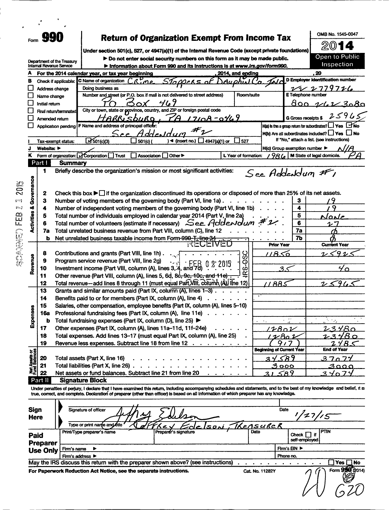 Image of first page of 2014 Form 990 for Crime Stoppers of Dauphin County