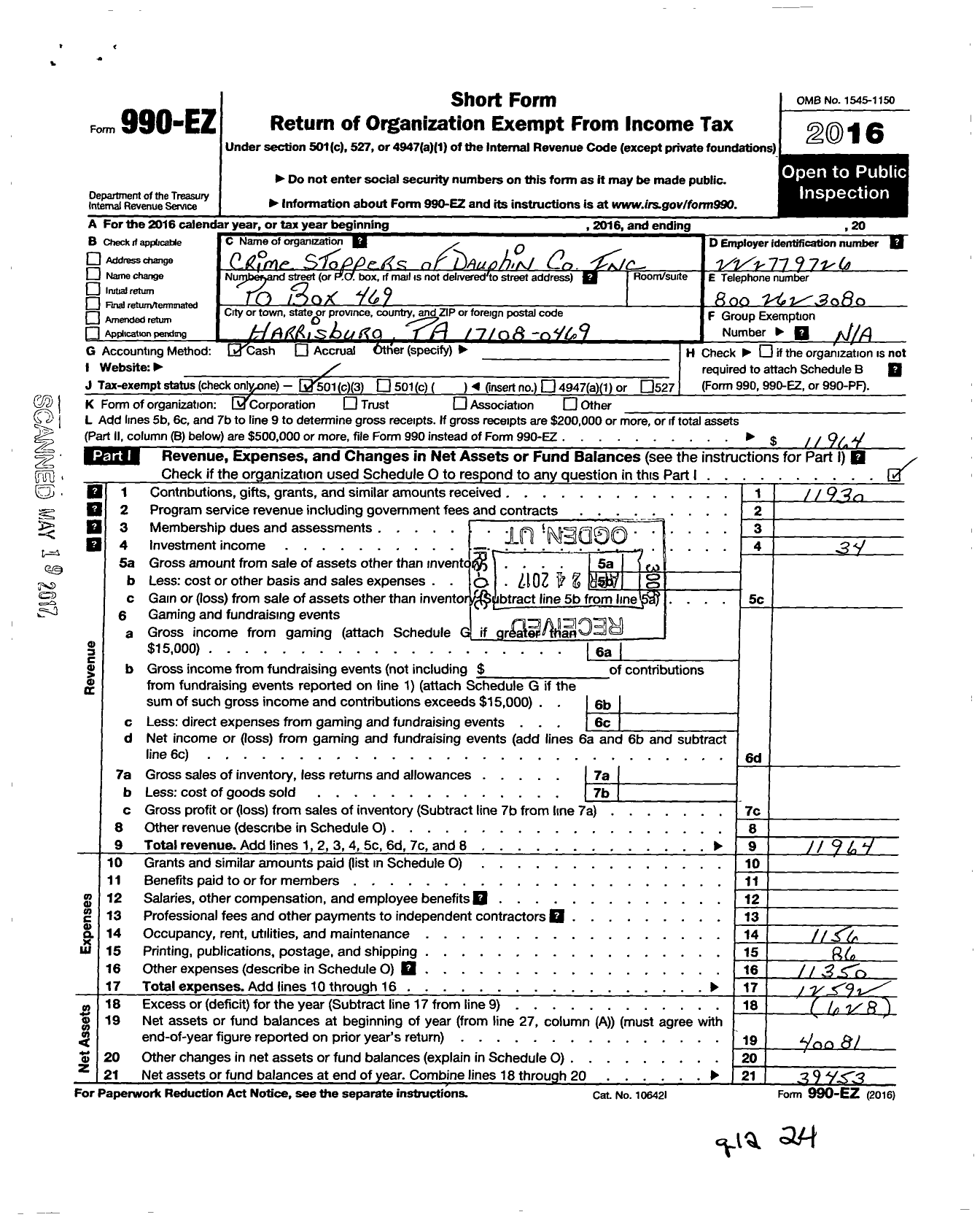 Image of first page of 2016 Form 990EZ for Crime Stoppers of Dauphin County