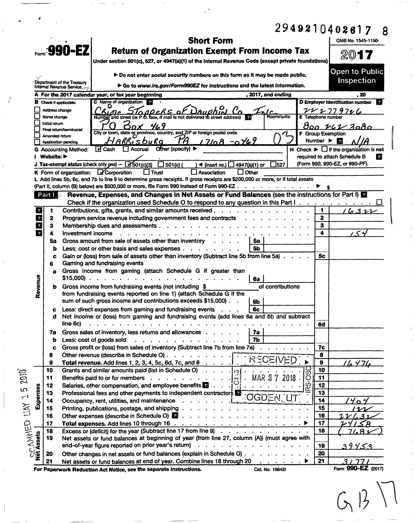 Image of first page of 2017 Form 990EZ for Crime Stoppers of Dauphin County