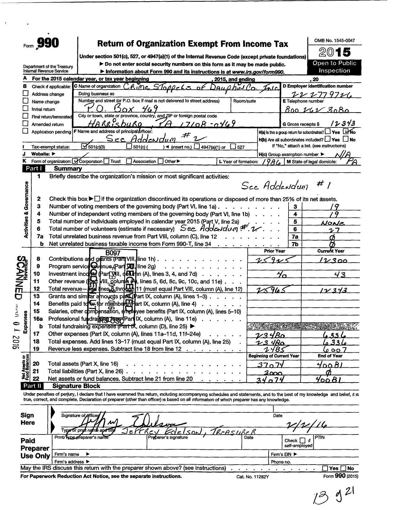 Image of first page of 2015 Form 990 for Crime Stoppers of Dauphin County