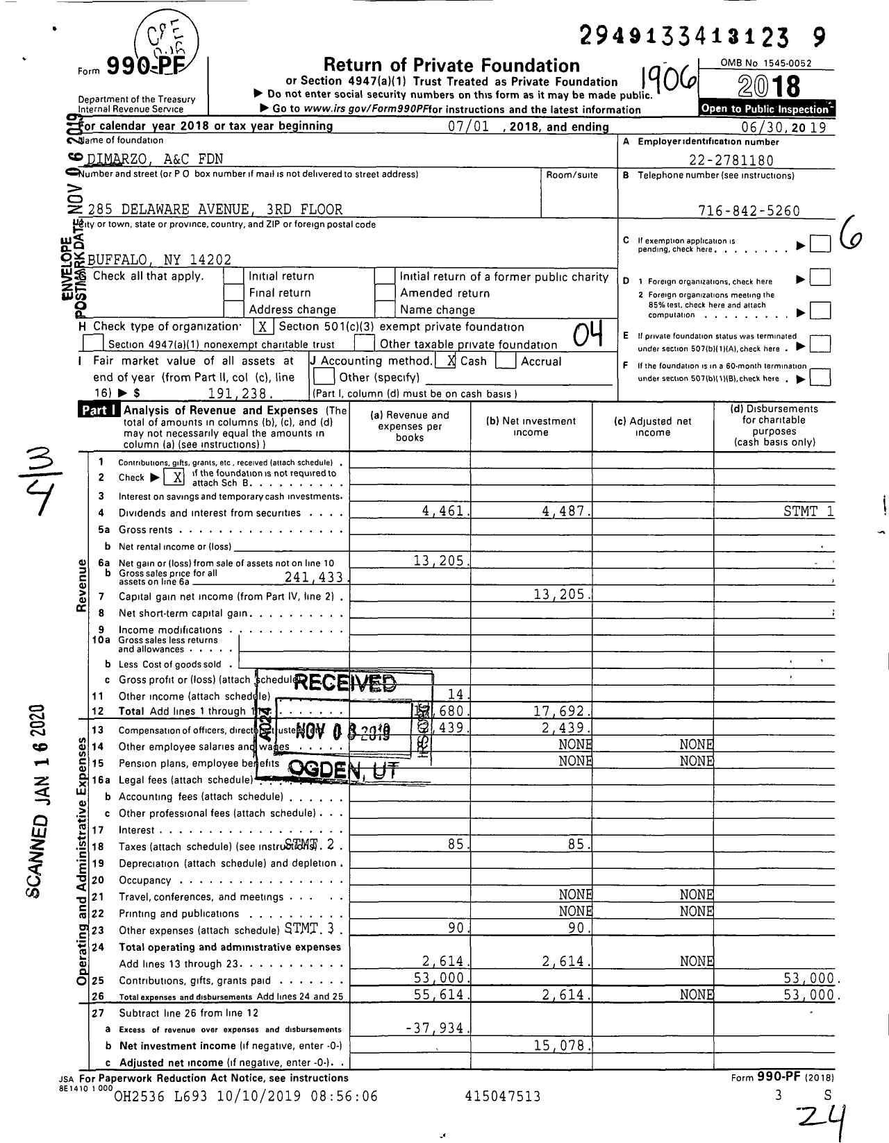 Image of first page of 2018 Form 990PF for Dimarzo A&c Foundation