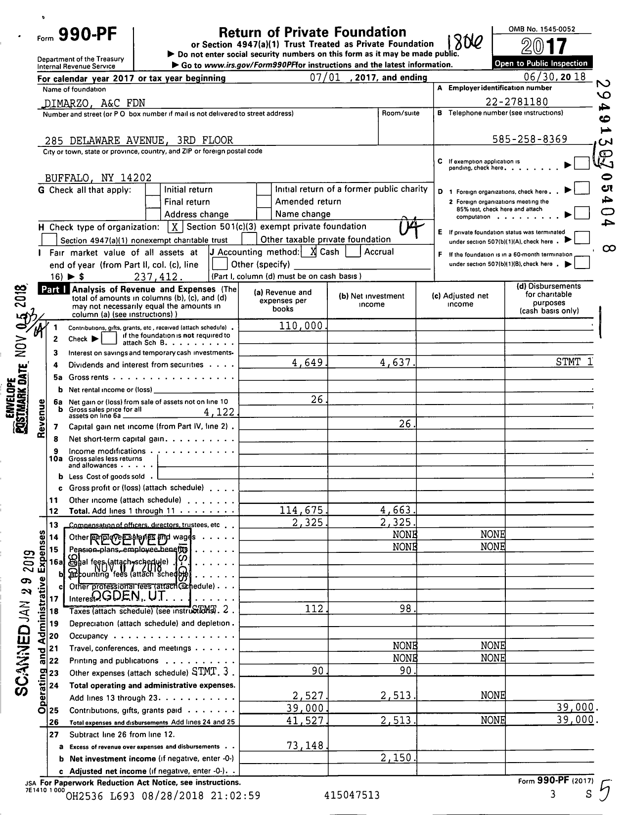 Image of first page of 2017 Form 990PF for Dimarzo A&c Foundation