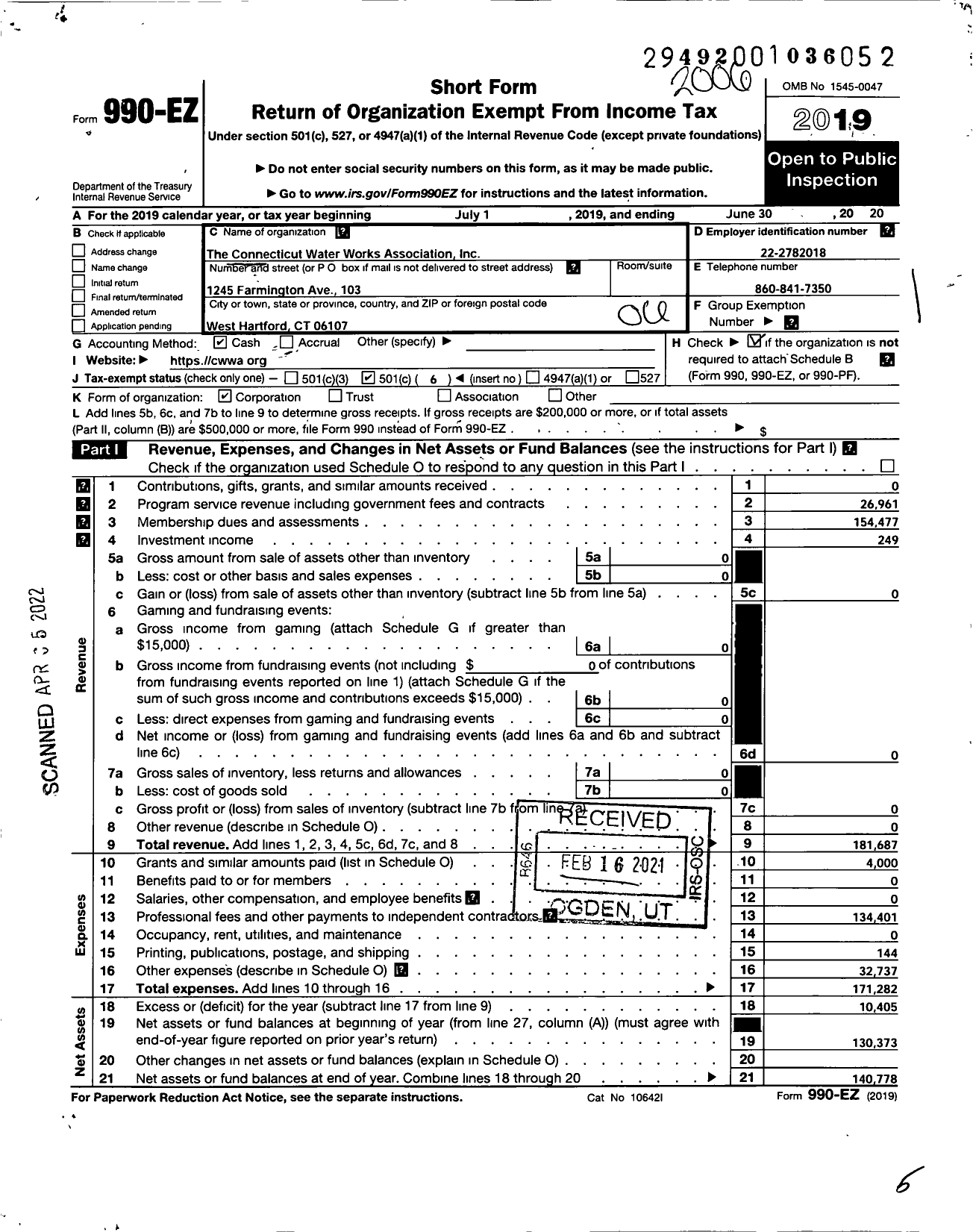 Image of first page of 2019 Form 990EO for Connecticut Waterworks Works Association