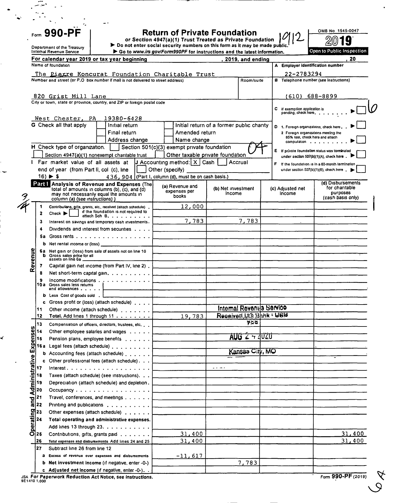 Image of first page of 2019 Form 990PF for The Pierre Koncurt Foundation Charbitable Trust