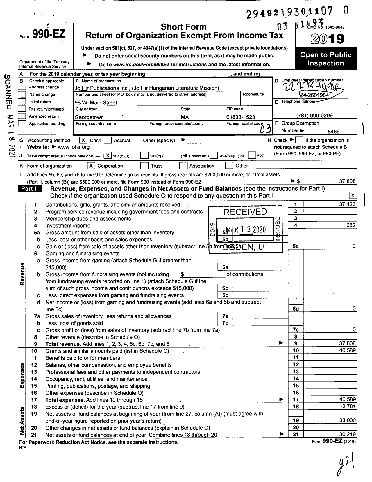 Image of first page of 2019 Form 990EZ for Jo Hir Publications