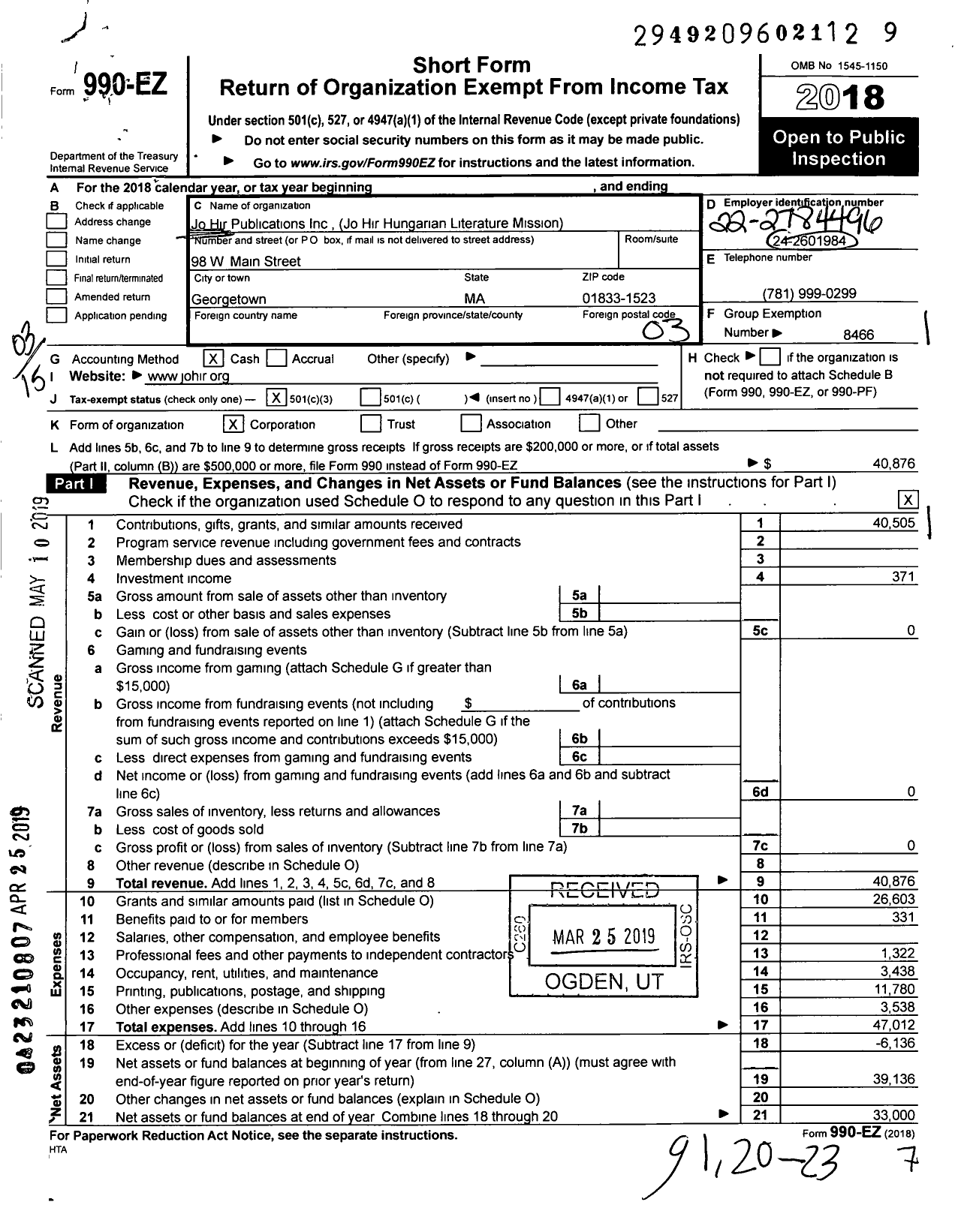 Image of first page of 2018 Form 990EZ for Jo Hir Publications