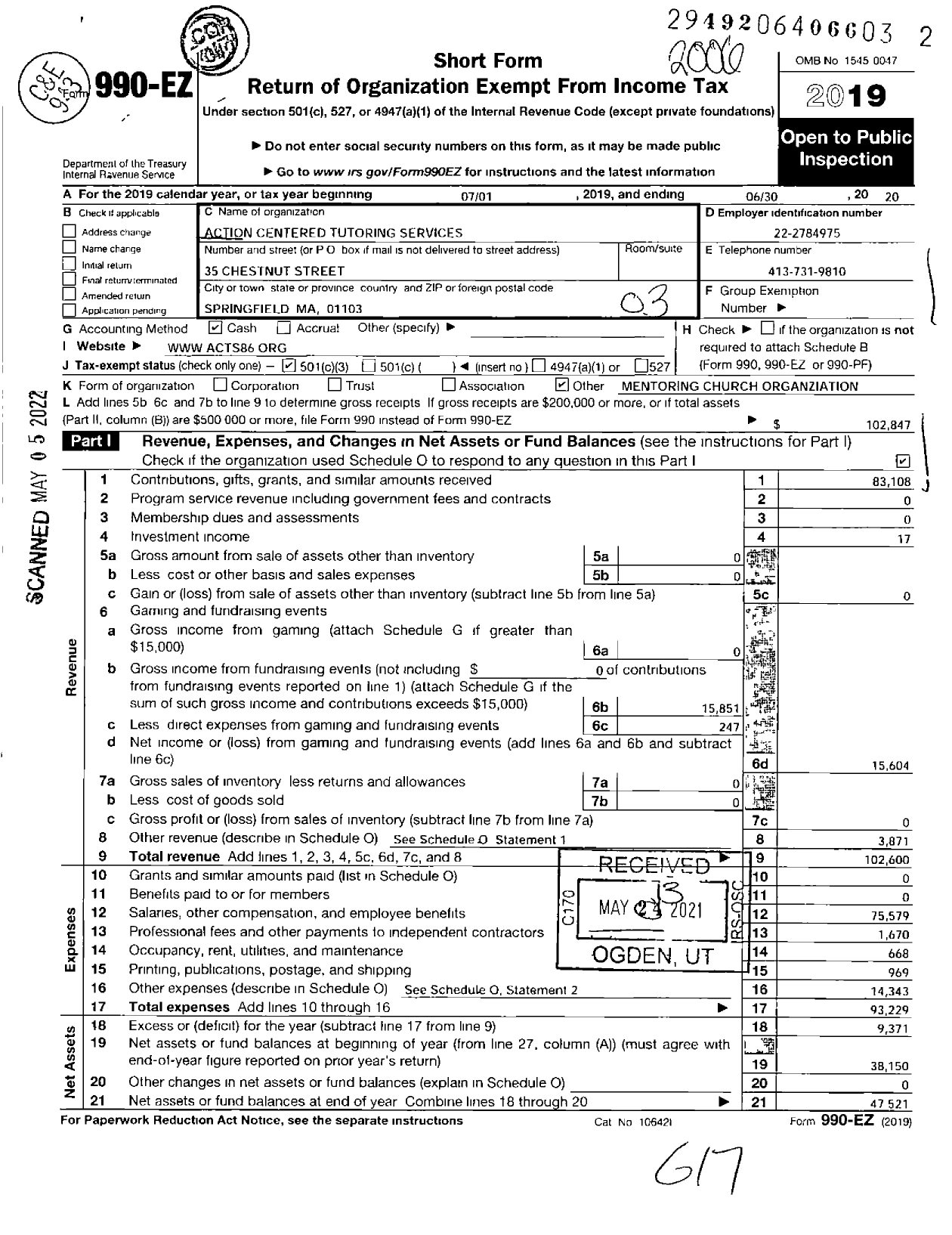 Image of first page of 2019 Form 990EZ for Action Centered Tutoring Services