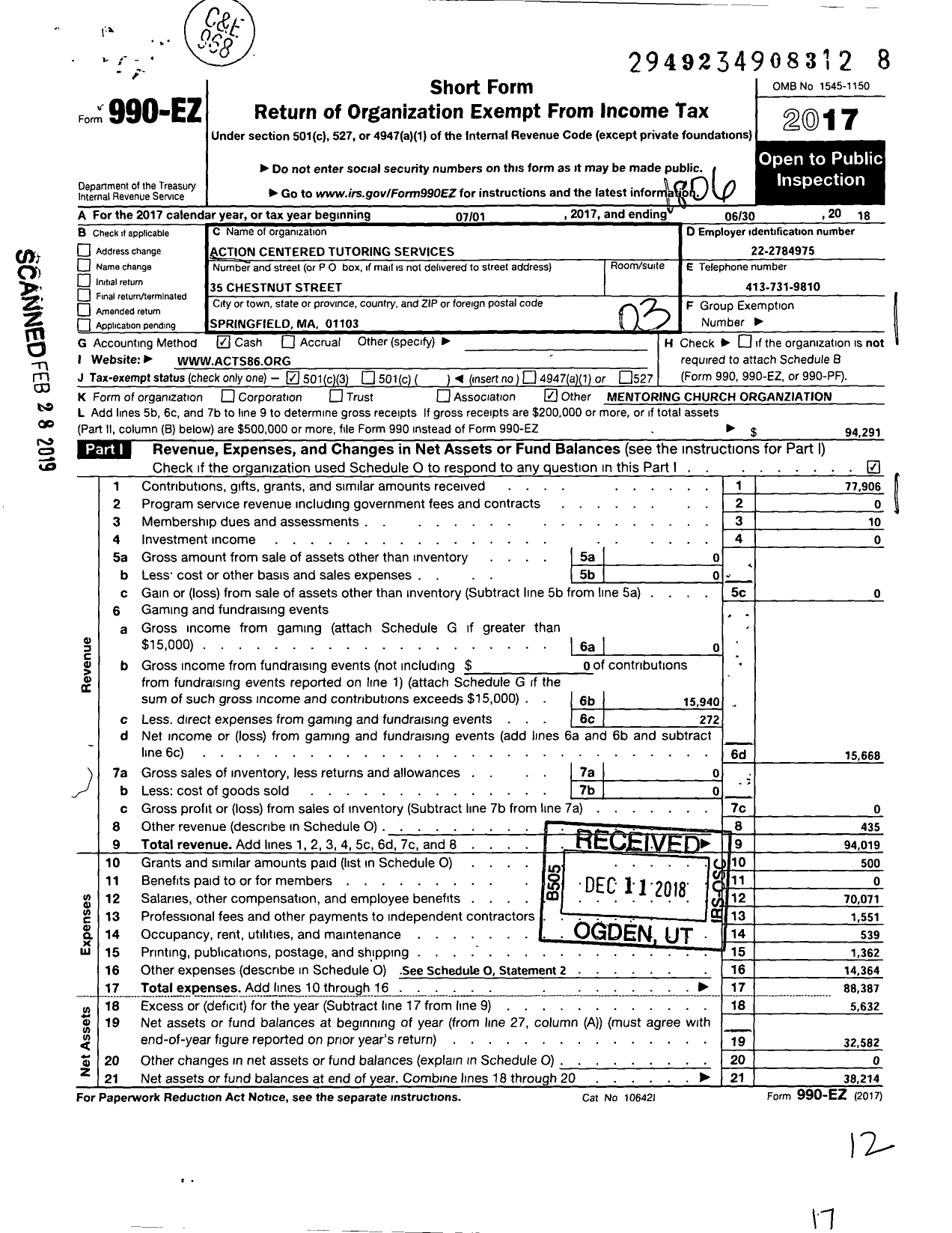 Image of first page of 2017 Form 990EZ for Action Centered Tutoring Services