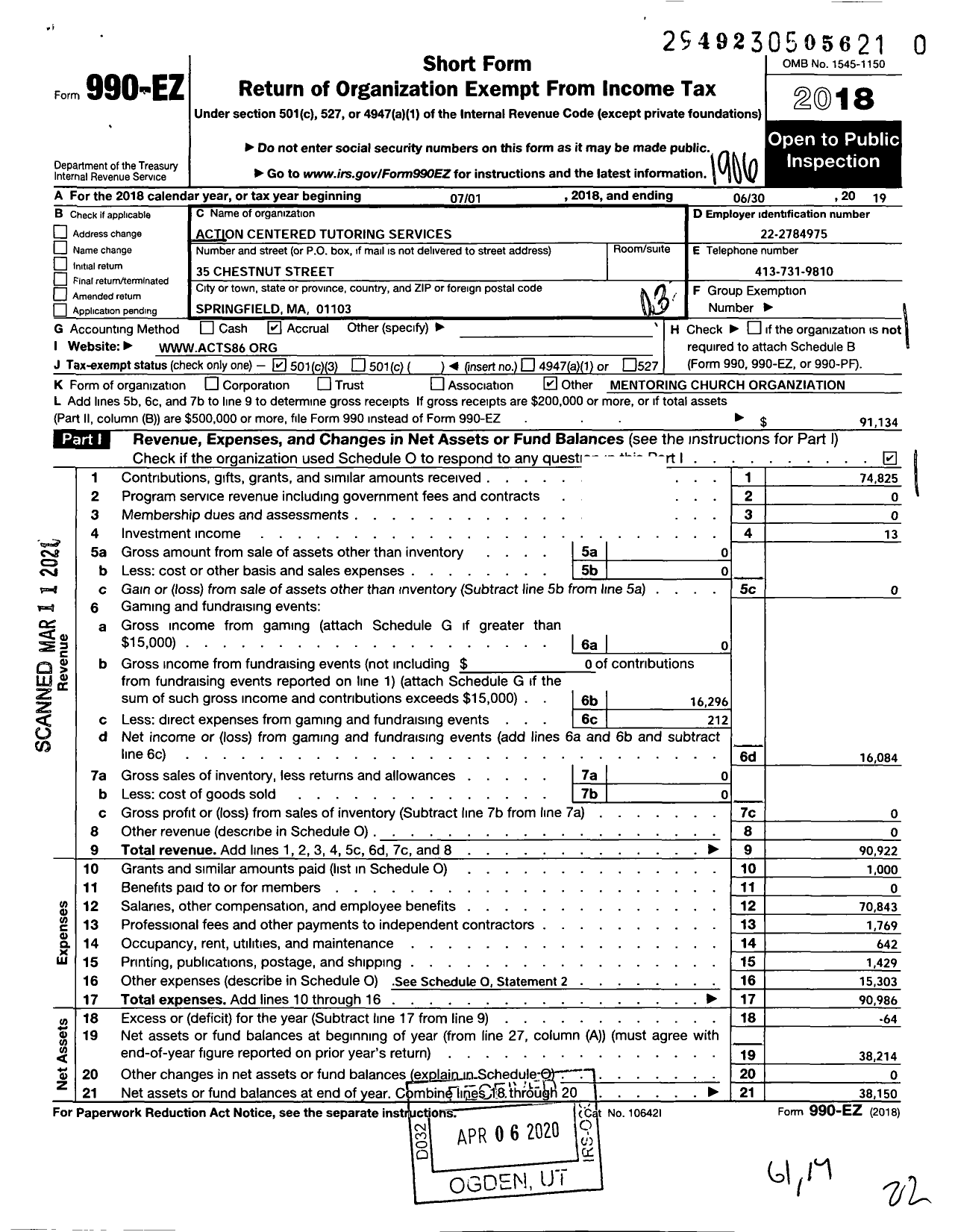 Image of first page of 2018 Form 990EZ for Action Centered Tutoring Services