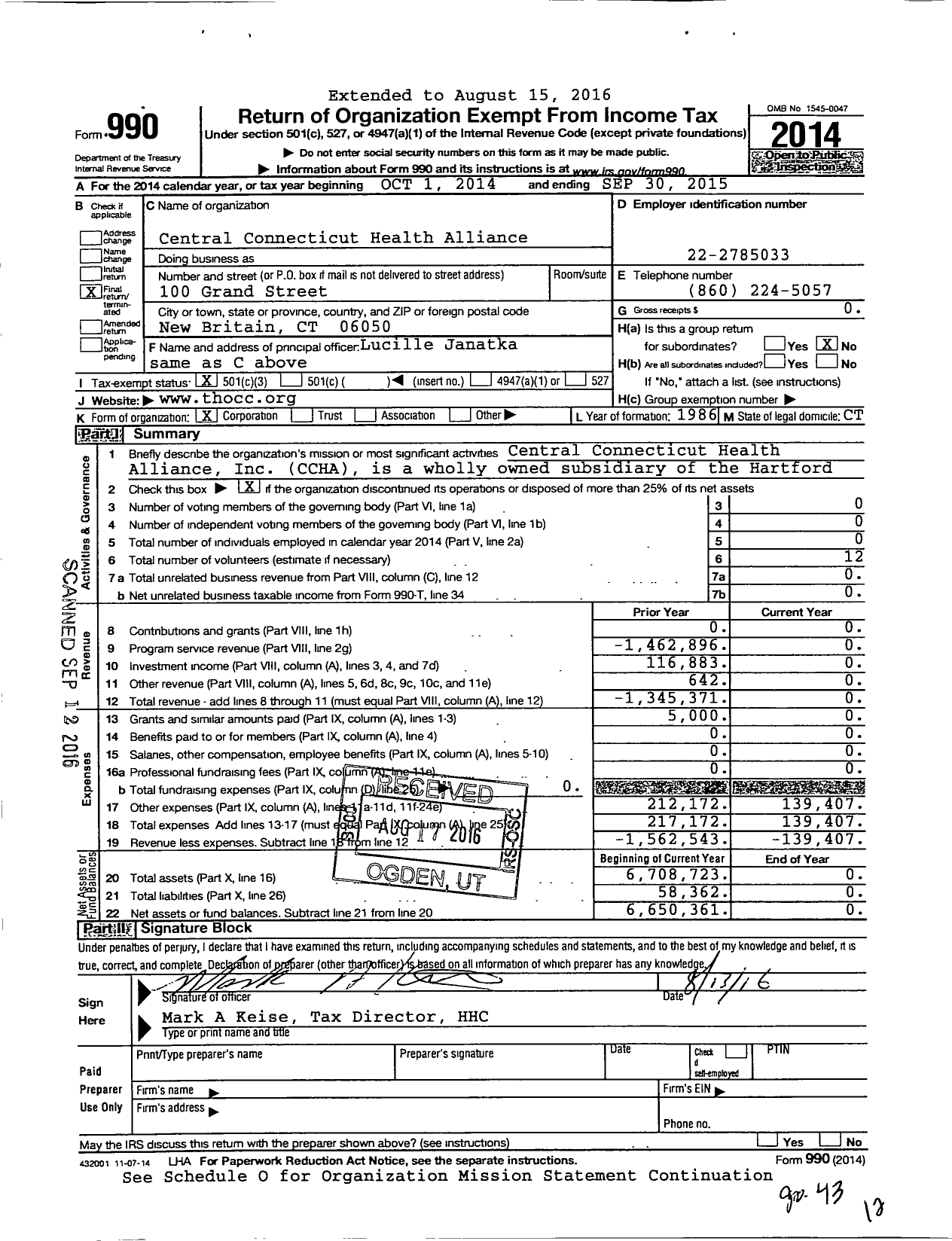 Image of first page of 2014 Form 990 for Central Connecticut Health Alliance