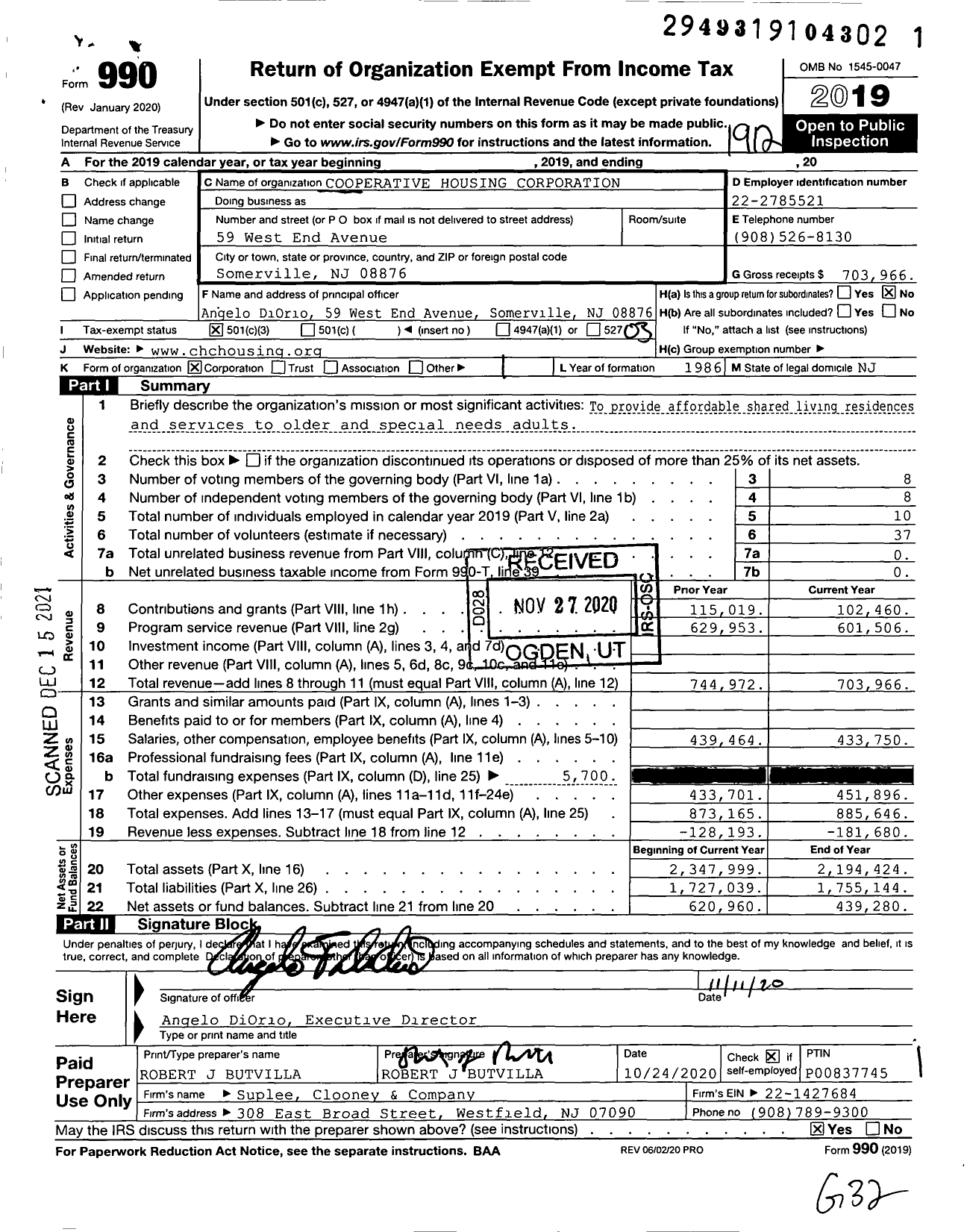 Image of first page of 2019 Form 990 for Cooperative Housing Corporation