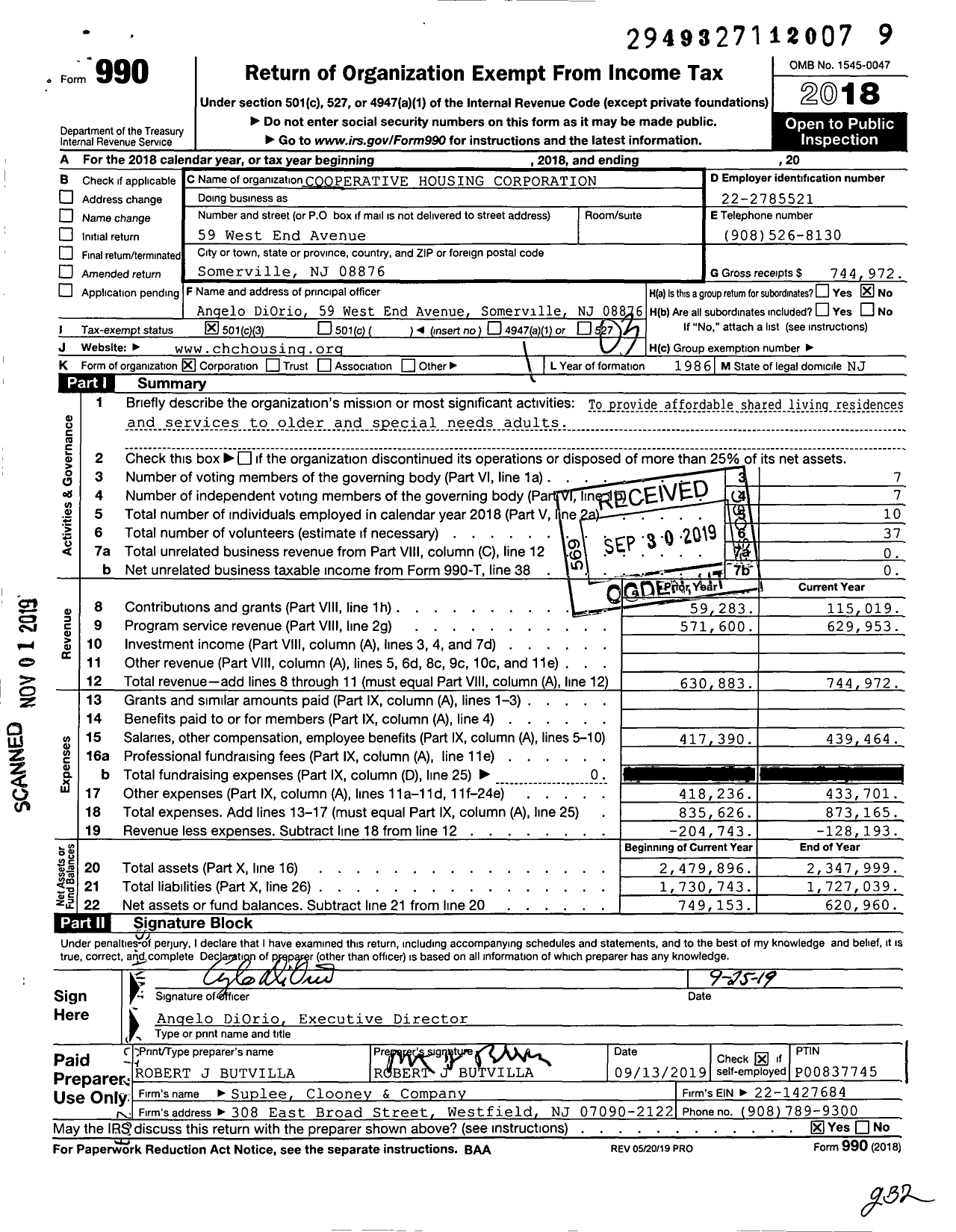 Image of first page of 2018 Form 990 for Cooperative Housing Corporation