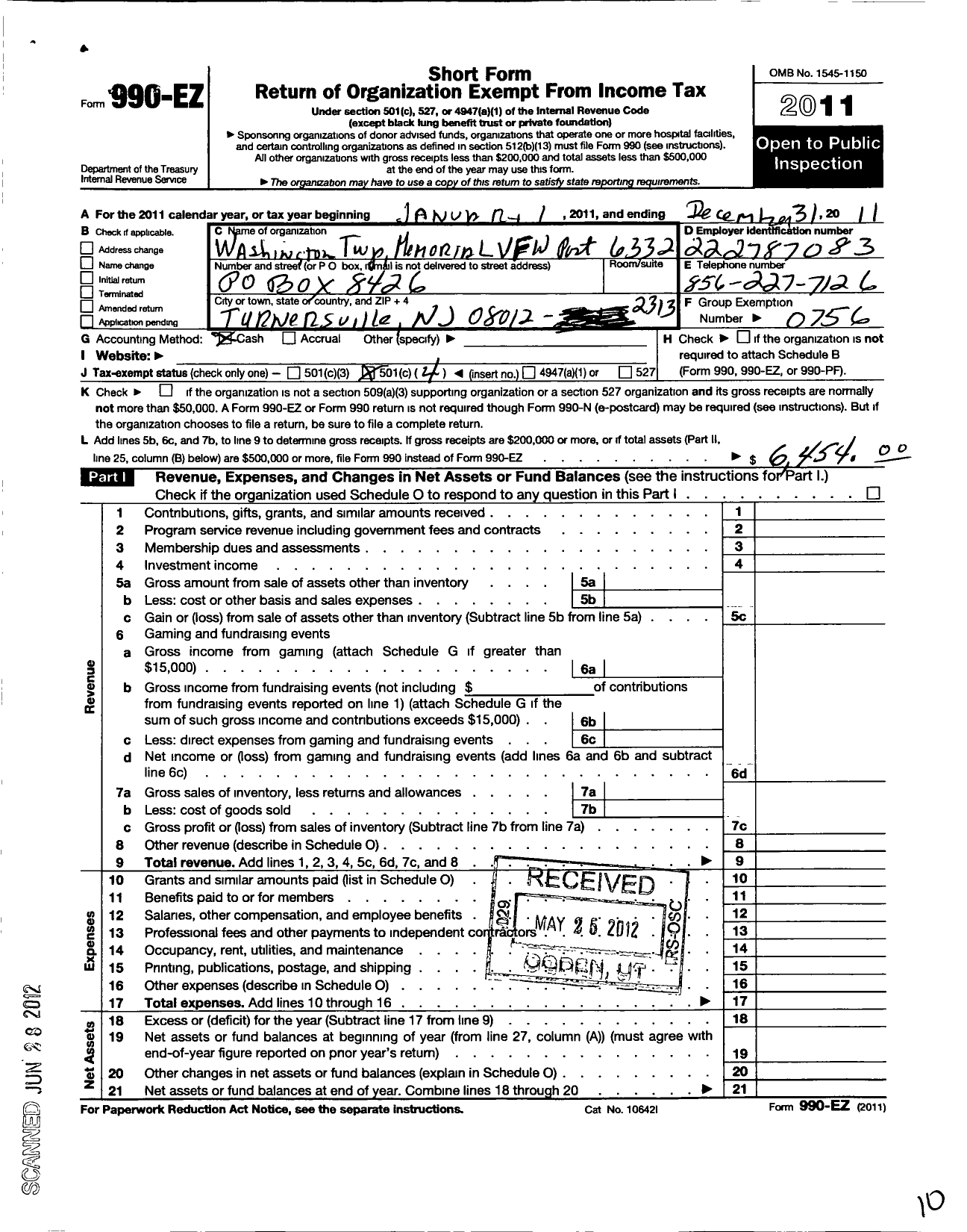 Image of first page of 2011 Form 990EO for Department of New Jersey VFW - 6332 Washington Township Post