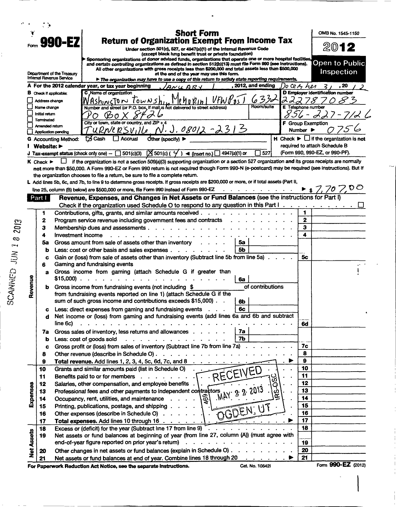 Image of first page of 2012 Form 990EO for Department of New Jersey VFW - 6332 Washington Township Post