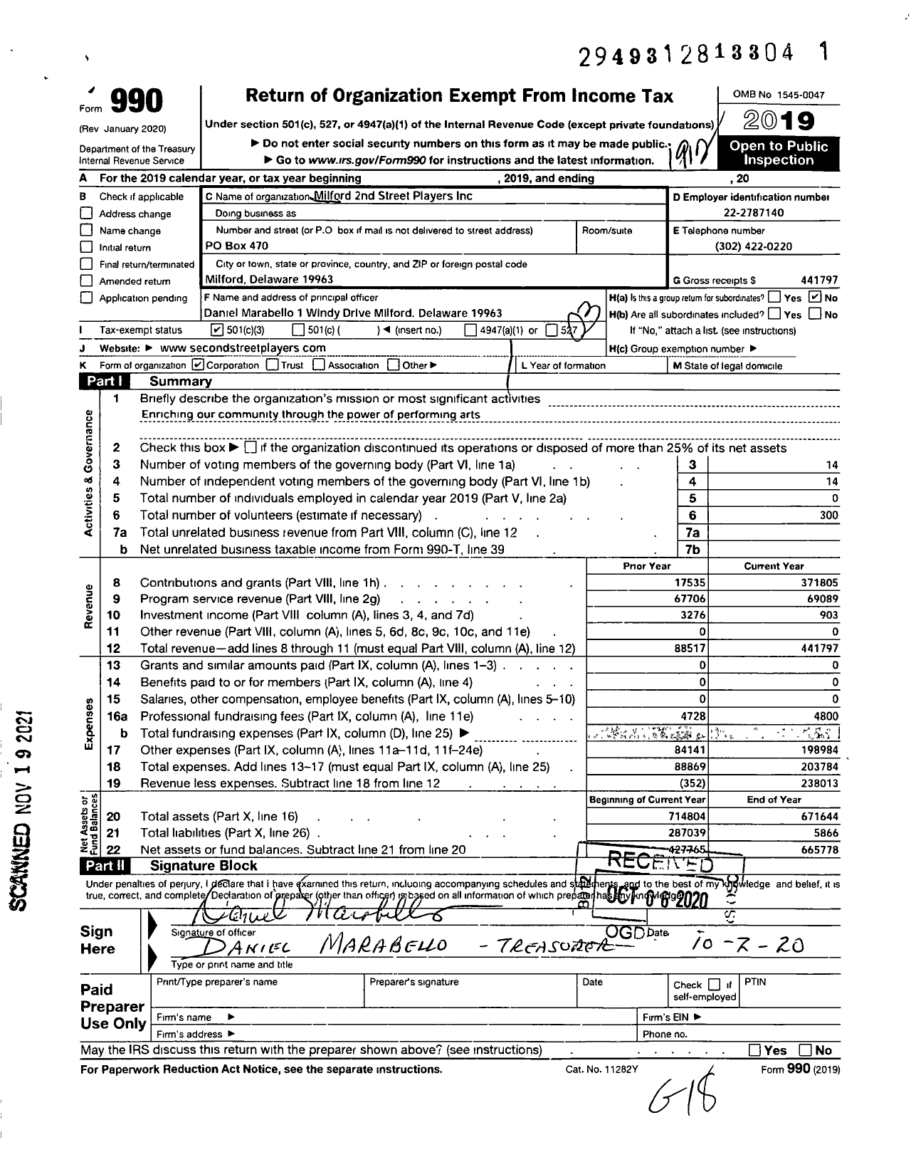 Image of first page of 2019 Form 990 for Milford 2nd Street Players