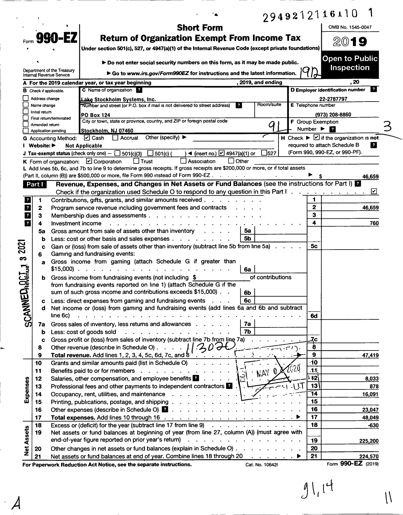 Image of first page of 2019 Form 990EO for Lake Stockholm Water Systems