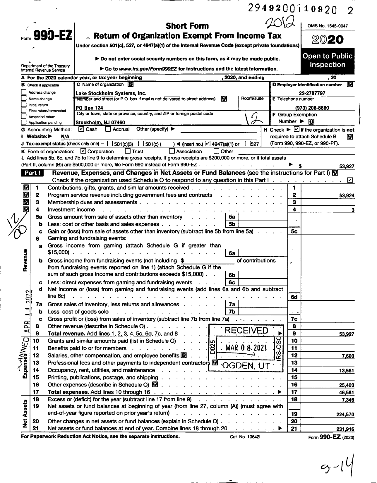 Image of first page of 2020 Form 990EO for Lake Stockholm Water Systems