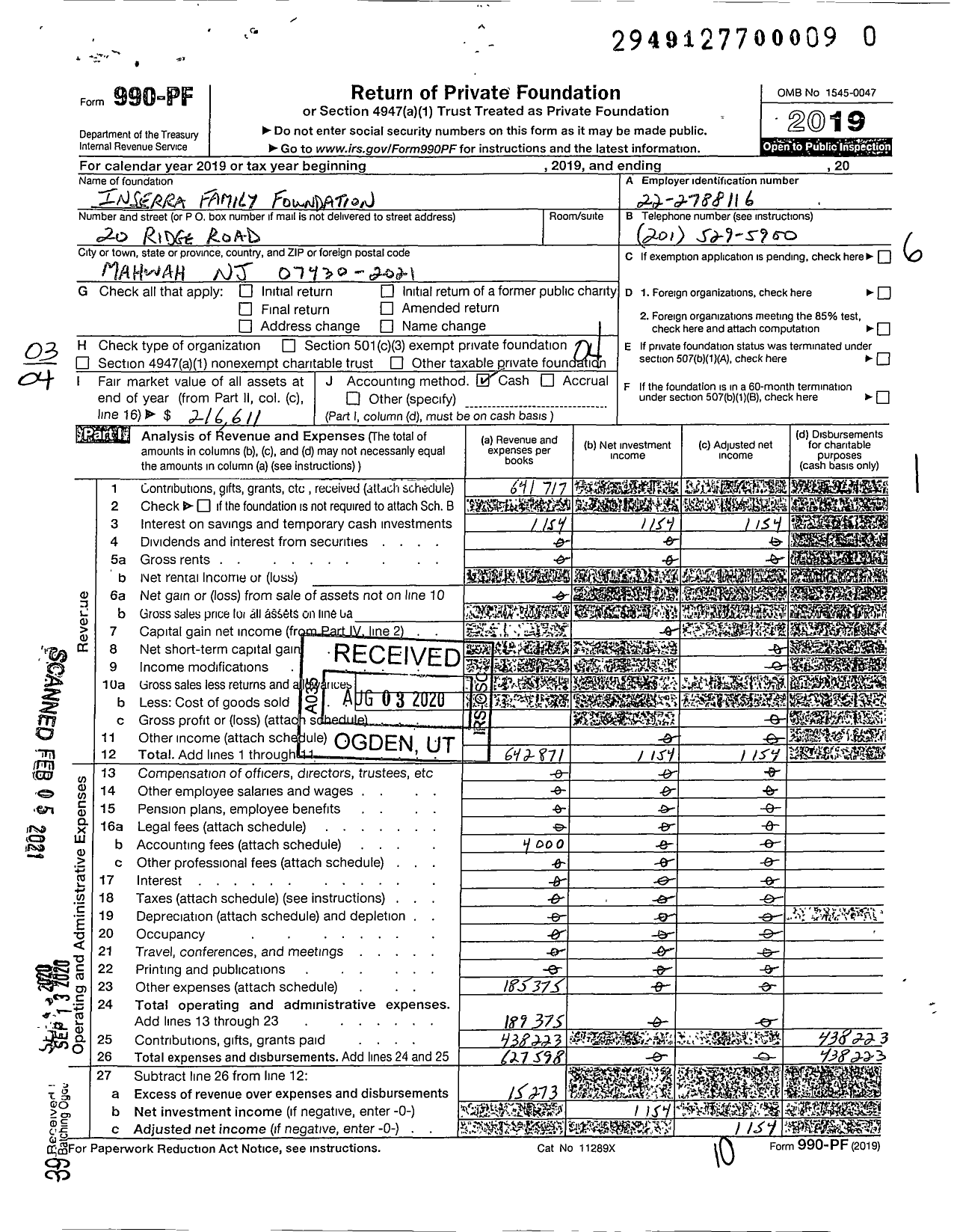 Image of first page of 2019 Form 990PF for Inserra Family Foundation