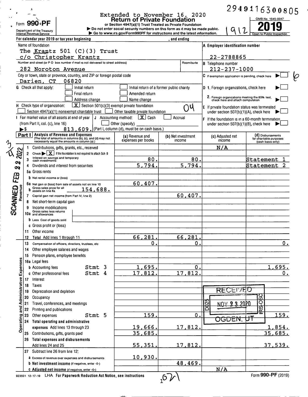 Image of first page of 2019 Form 990PF for The Krantz 501