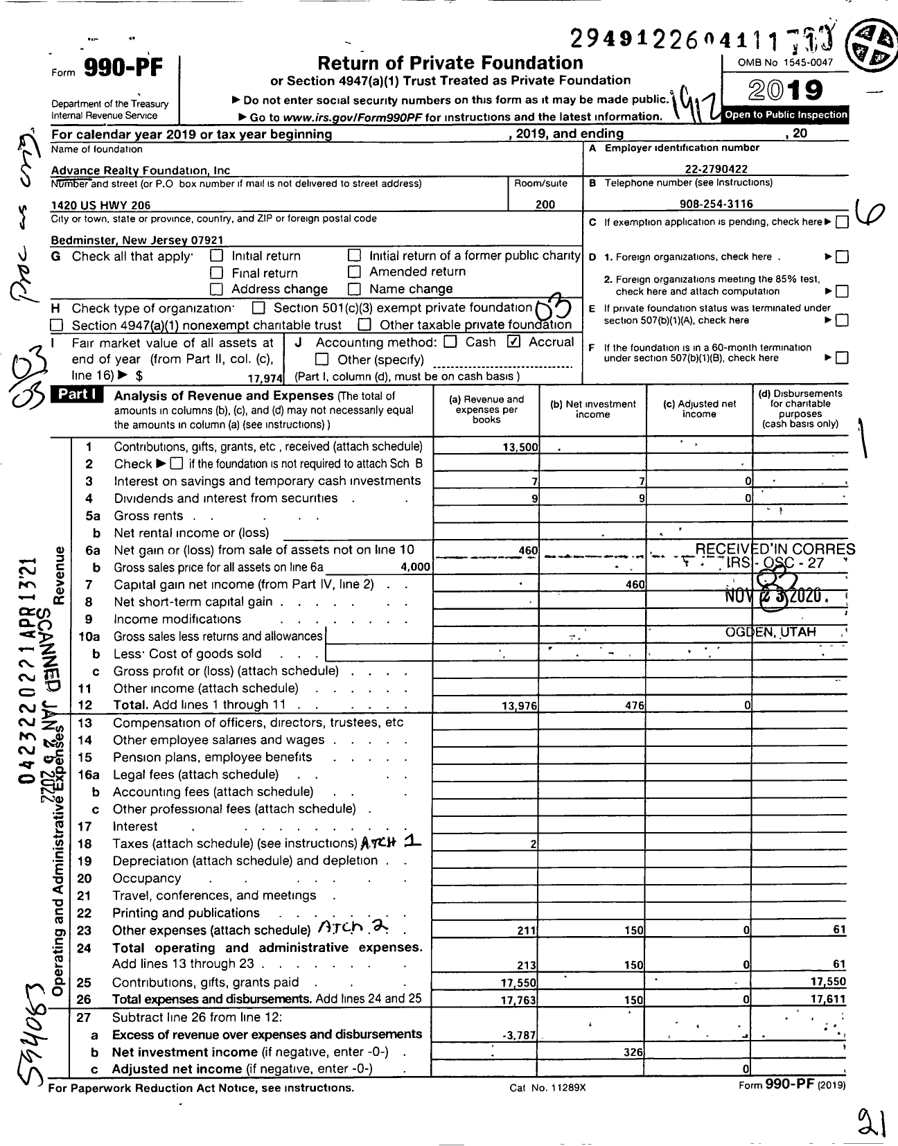 Image of first page of 2019 Form 990PF for Advance Realty Foundation