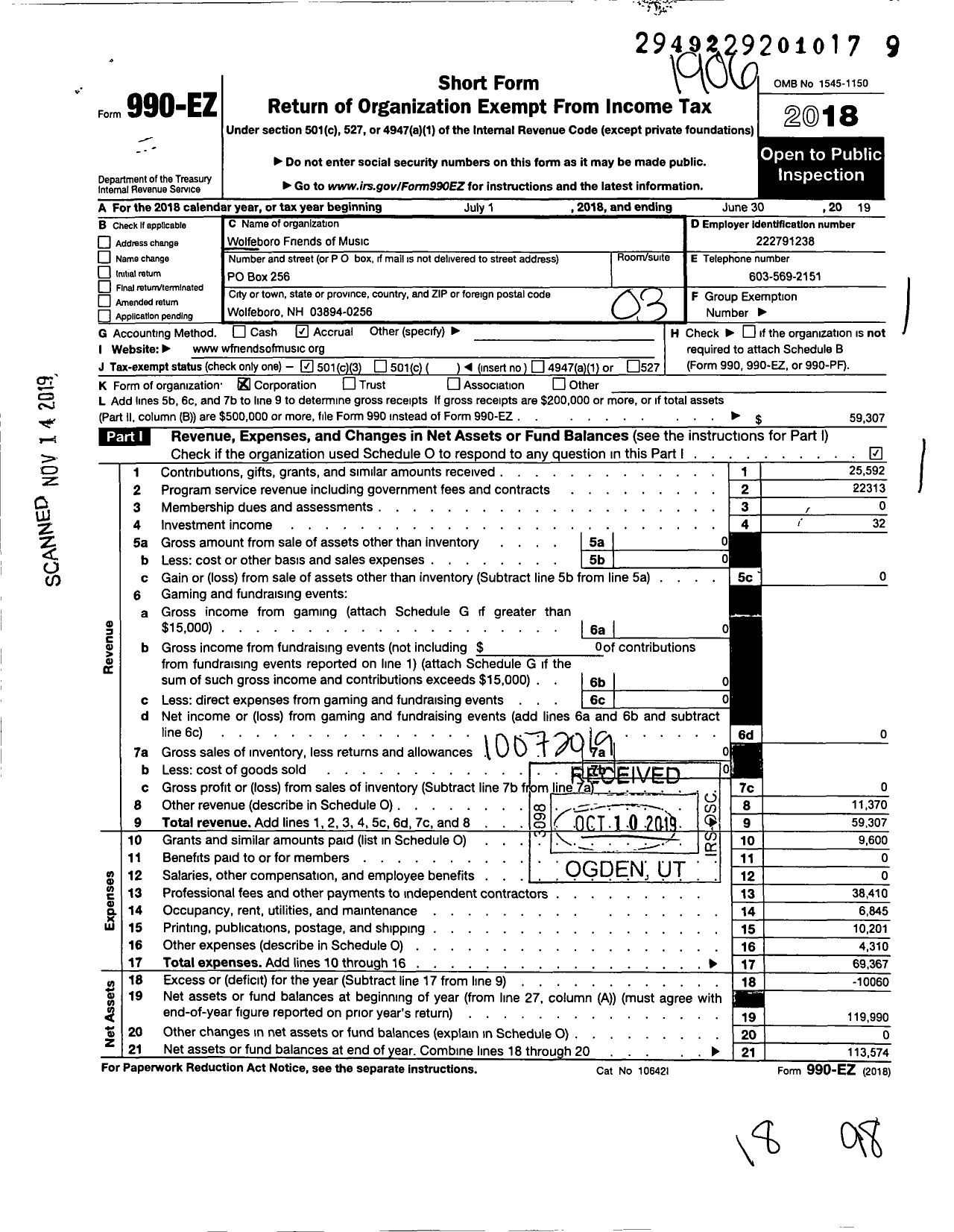 Image of first page of 2018 Form 990EZ for Wolfeboro Friends of Music