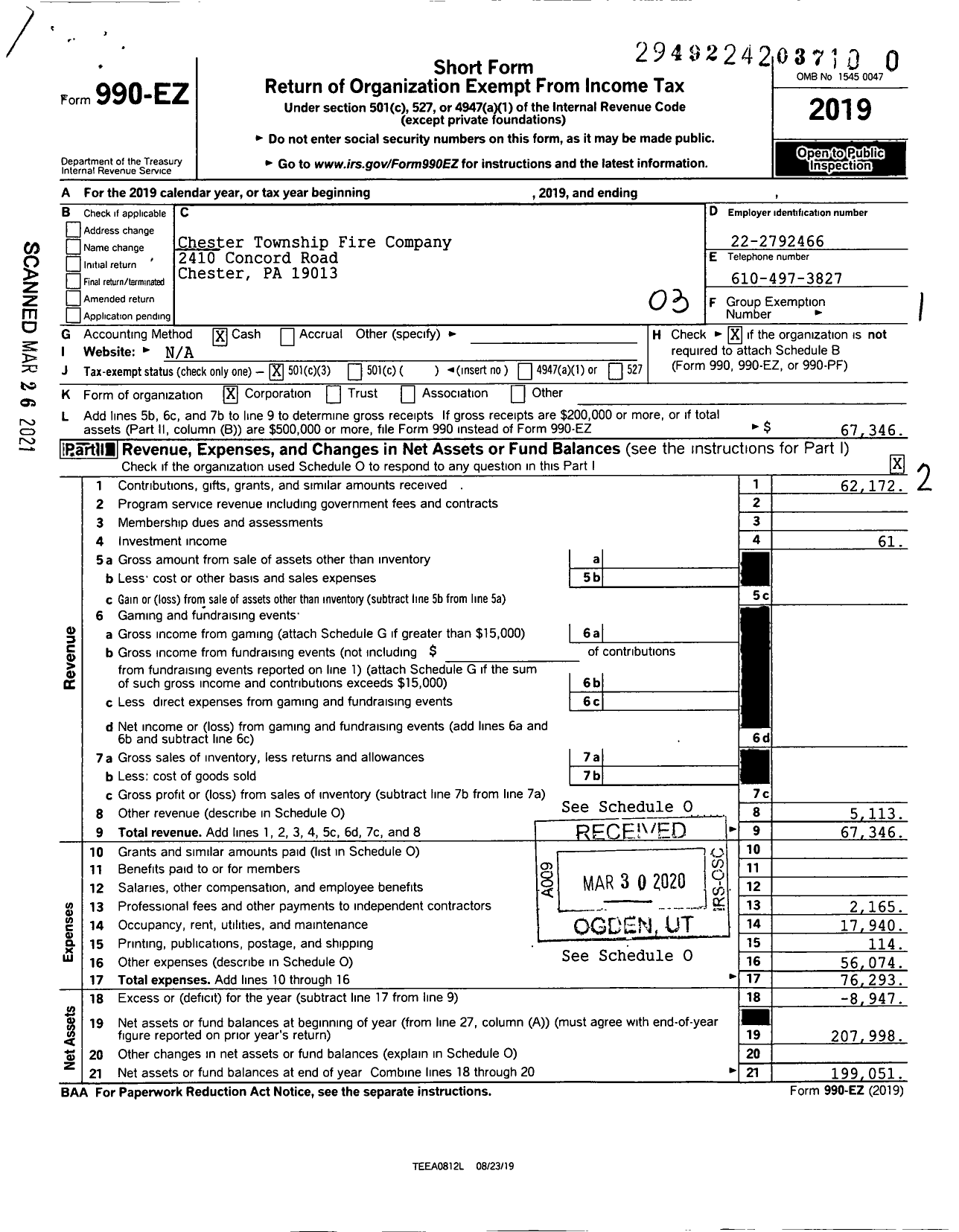 Image of first page of 2019 Form 990EZ for Chester Township Fire Company