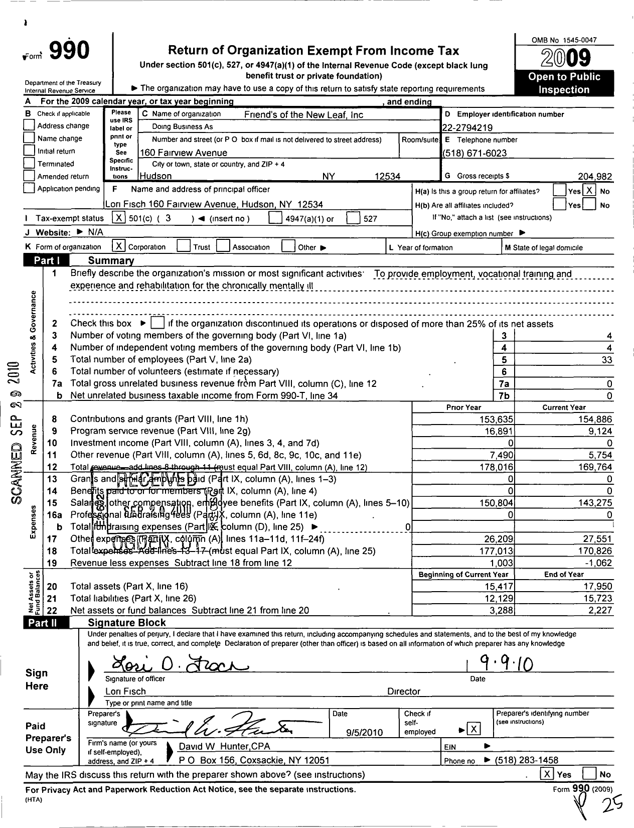 Image of first page of 2009 Form 990 for Friend's of the New Leaf