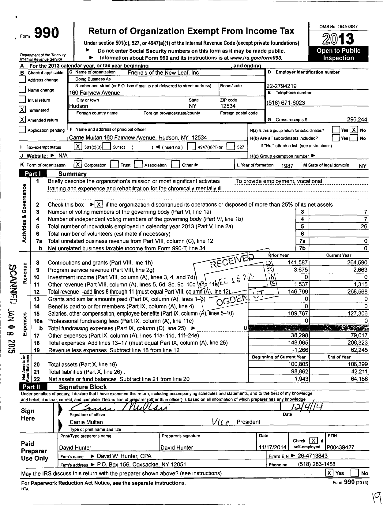 Image of first page of 2013 Form 990 for Friend's of the New Leaf