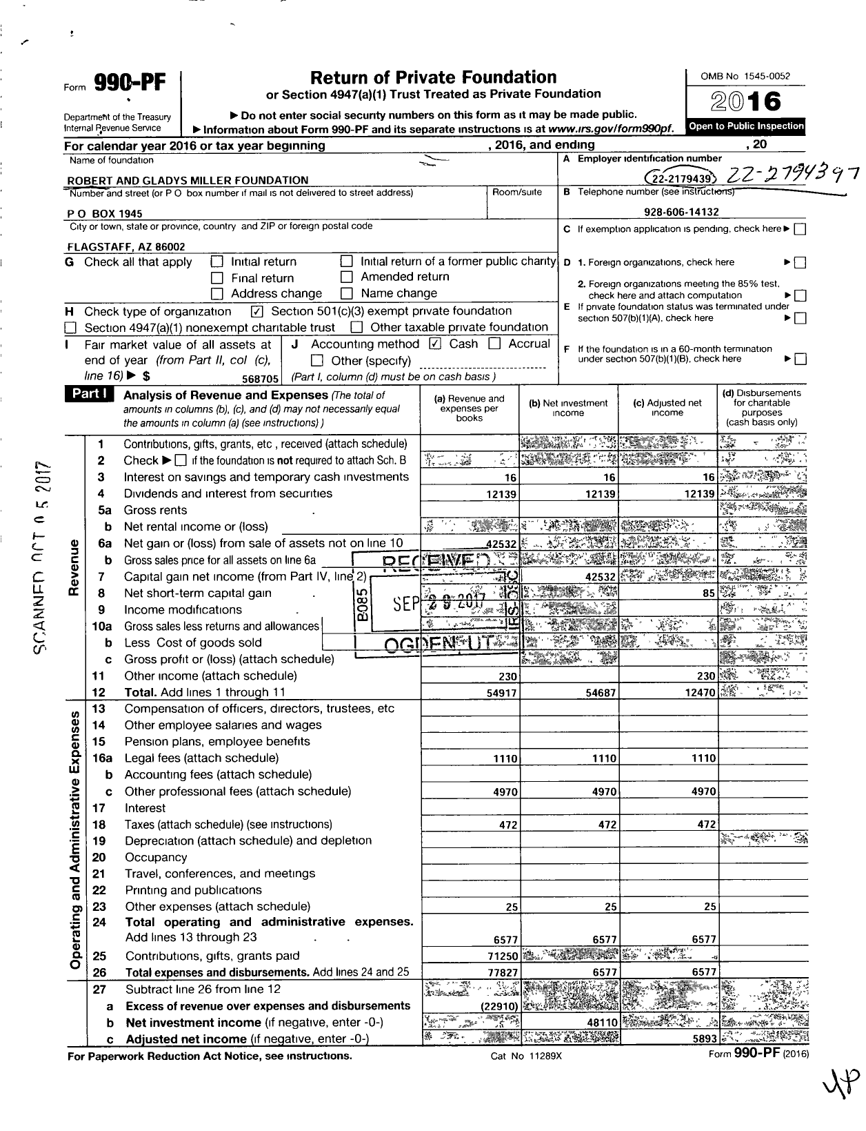 Image of first page of 2016 Form 990PF for ROBERT AND GLADYS MILLER FOUNDATIon