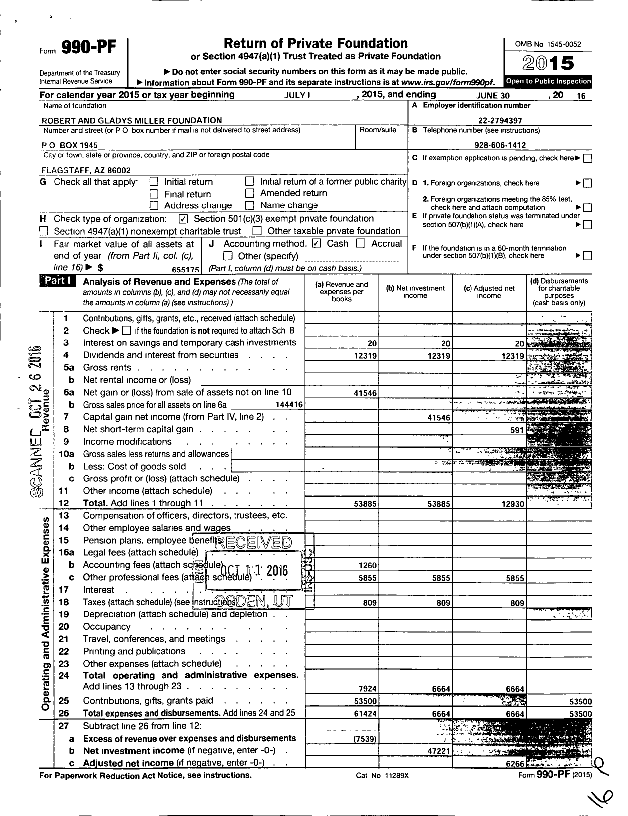 Image of first page of 2015 Form 990PF for ROBERT AND GLADYS MILLER FOUNDATIon