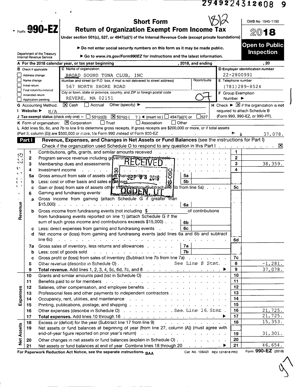 Image of first page of 2018 Form 990EO for Broad Sound Tuna Club