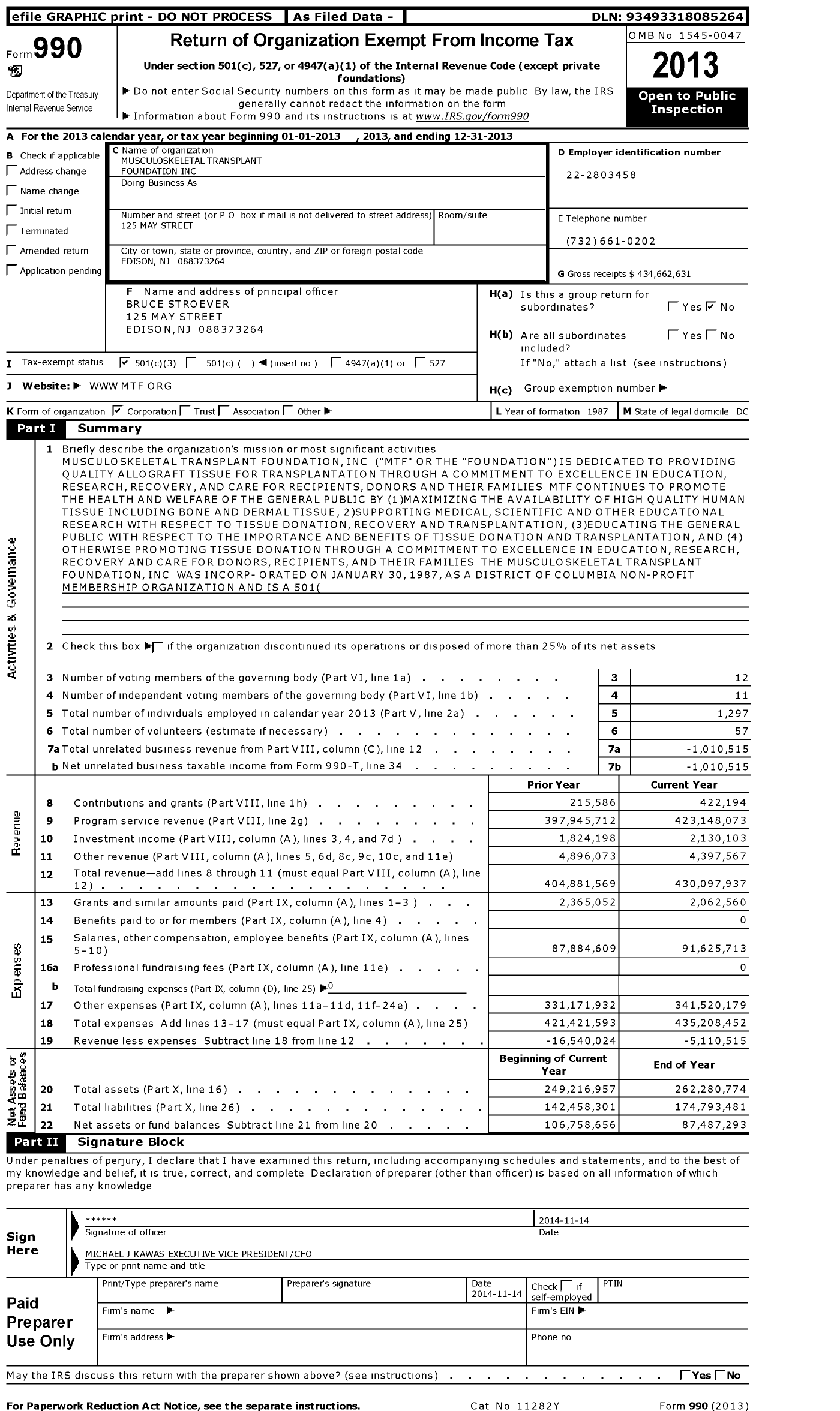 Image of first page of 2013 Form 990 for Mtfbiologics (MTF)