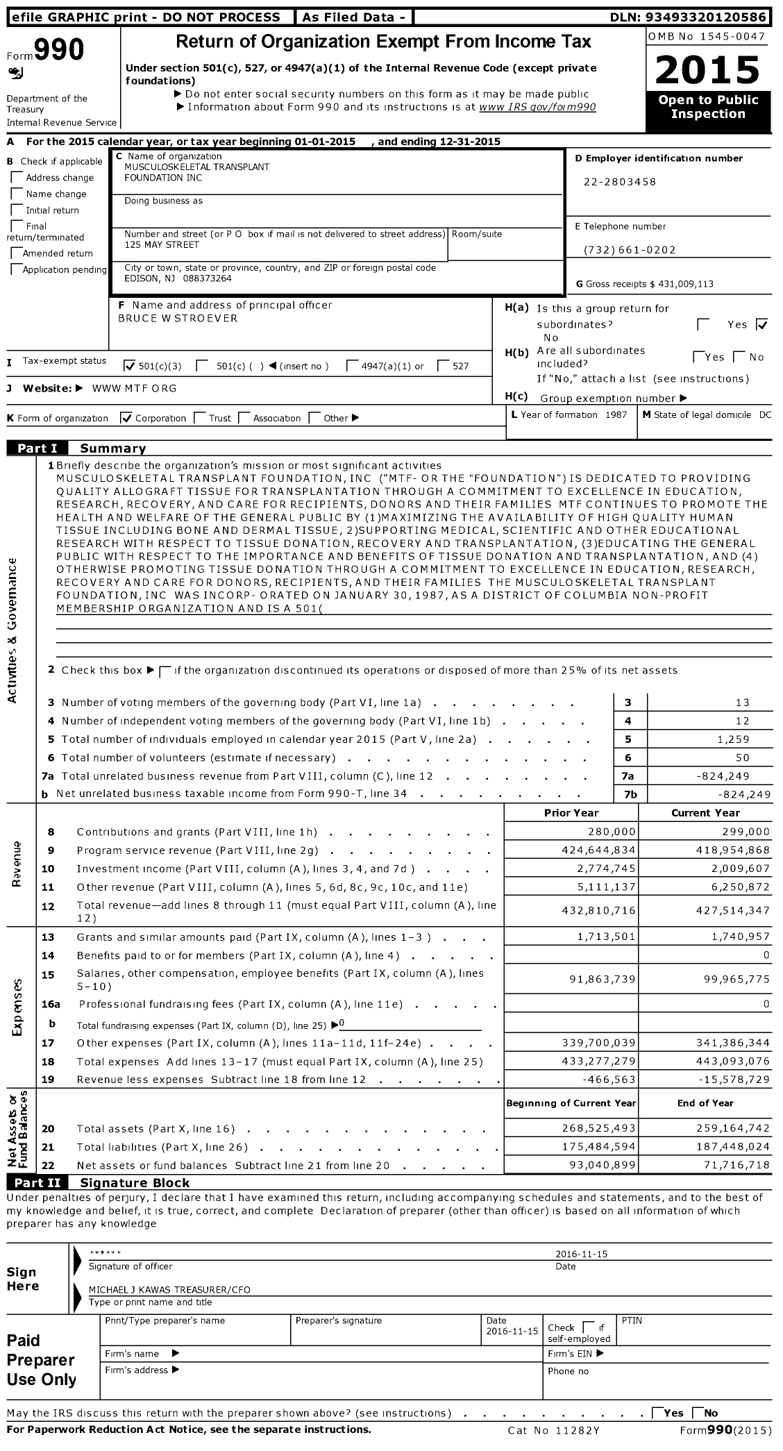 Image of first page of 2015 Form 990 for Mtfbiologics (MTF)
