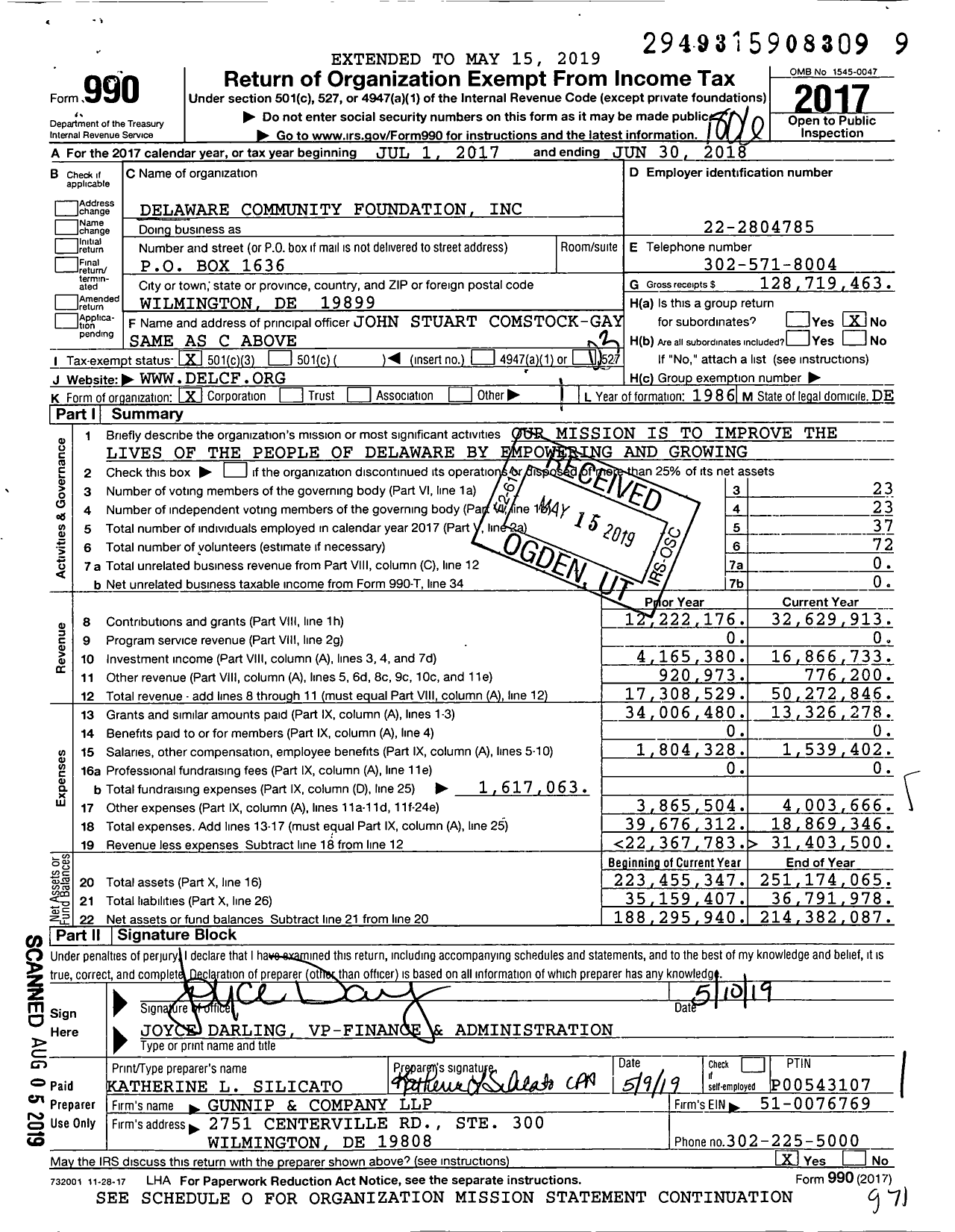 Image of first page of 2017 Form 990 for Delaware Community Foundation (DCF)