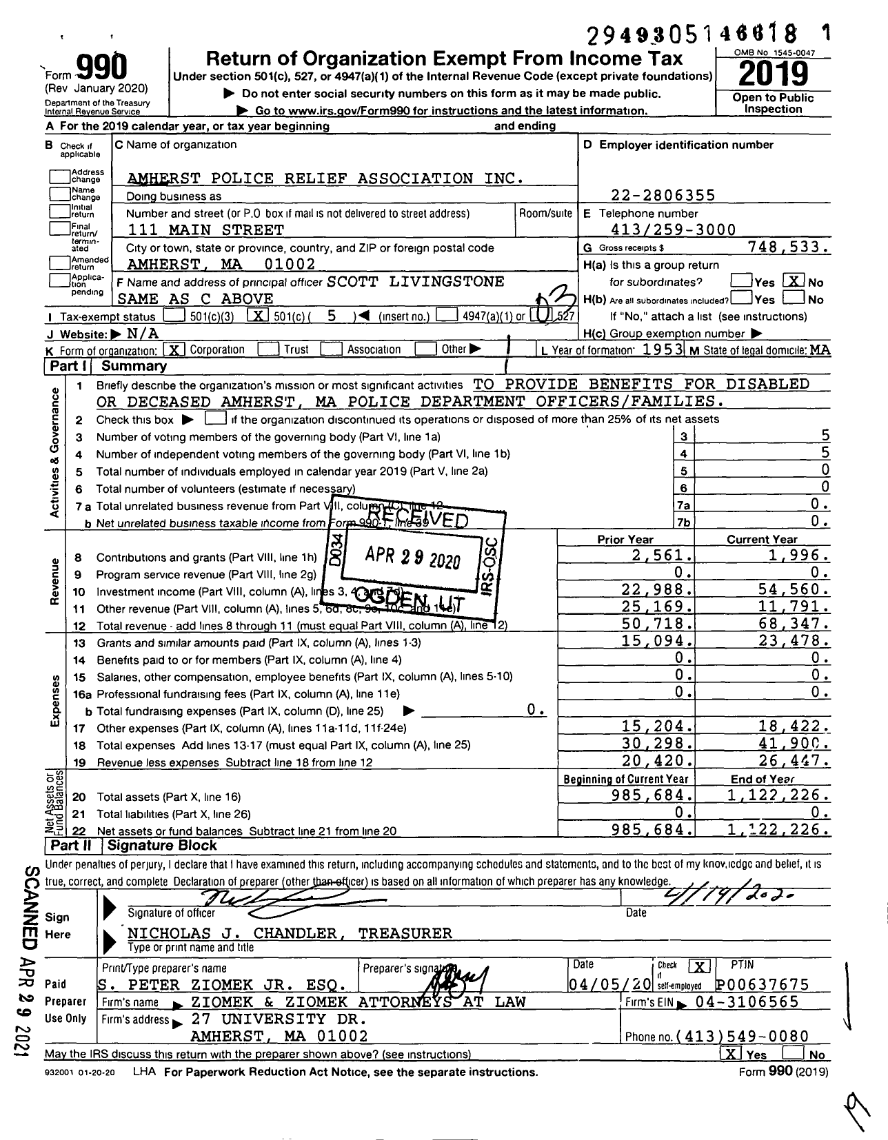 Image of first page of 2019 Form 990 for Amherst Police Relief Association