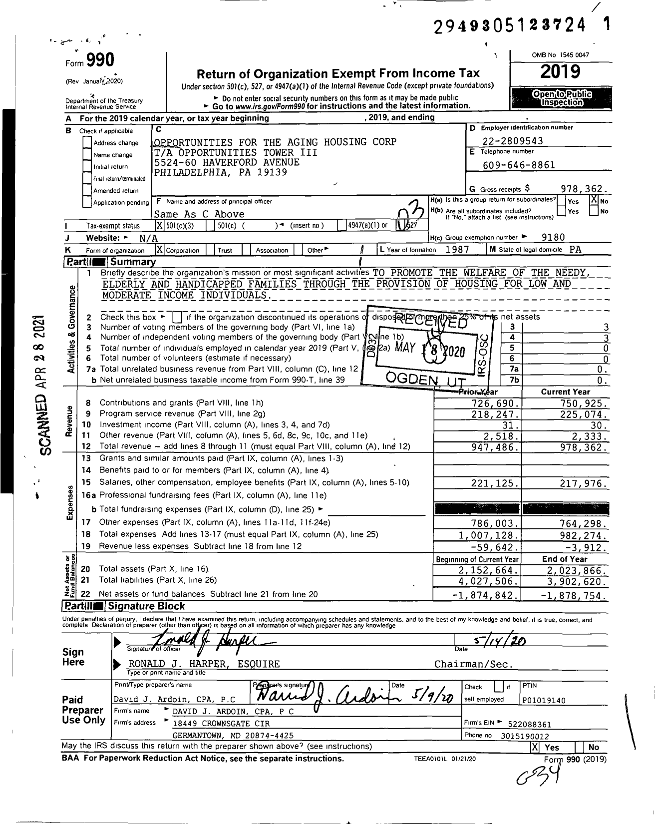Image of first page of 2019 Form 990 for Opportunities for the Aging Housing Corp Ta Opportunities Tower Iii