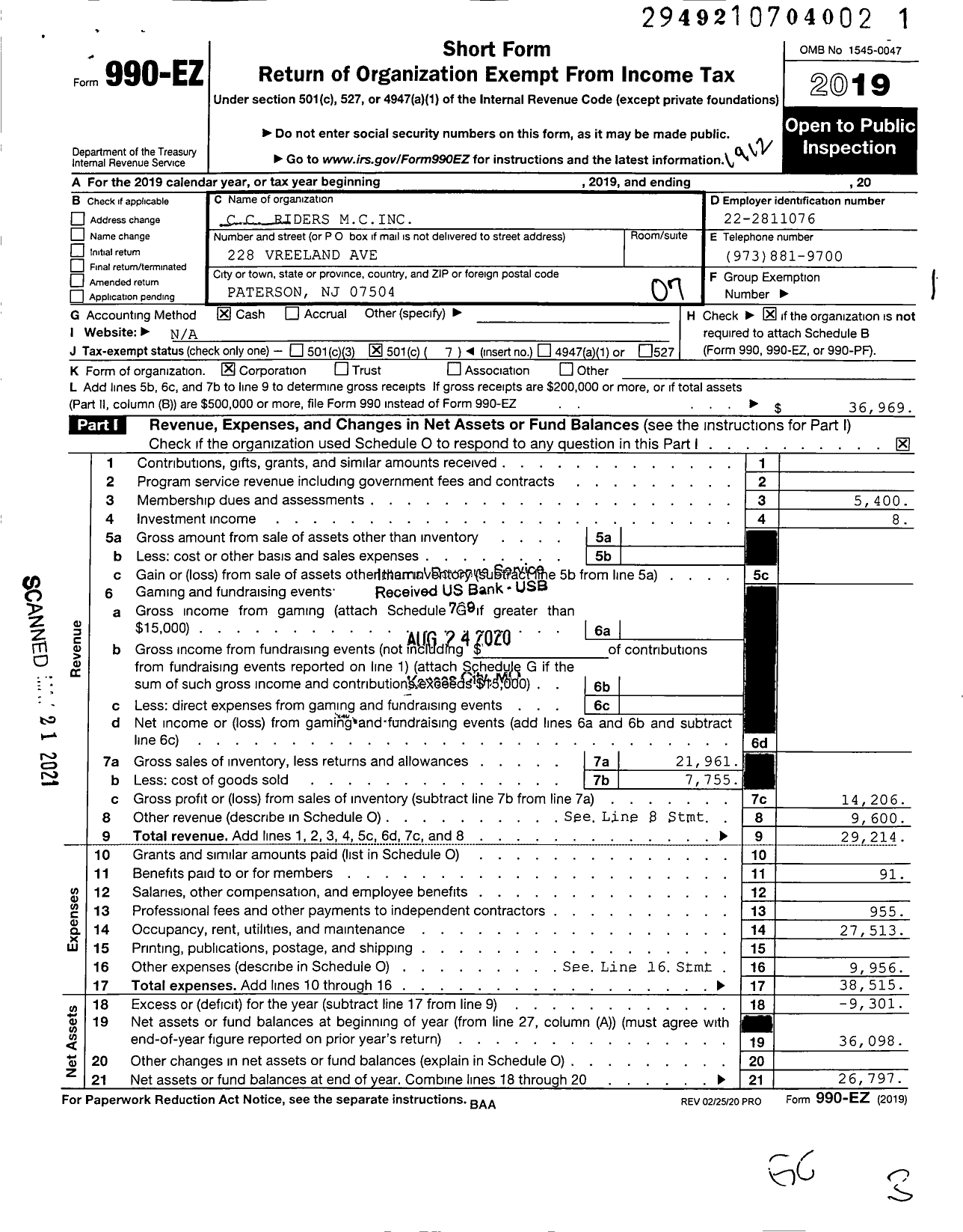 Image of first page of 2019 Form 990EO for CC Riders MC