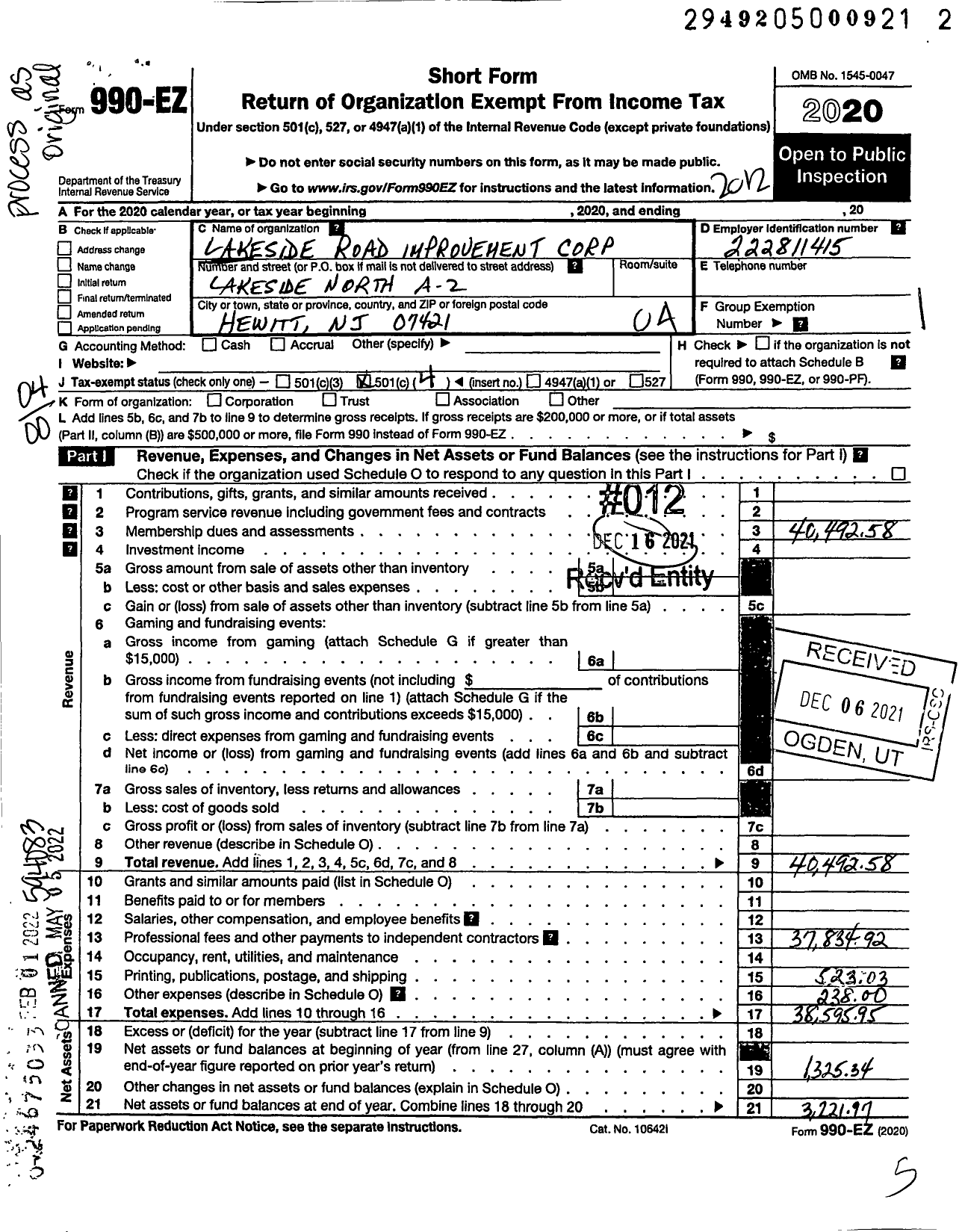 Image of first page of 2020 Form 990EO for Lakeside Road Improvement Corporation