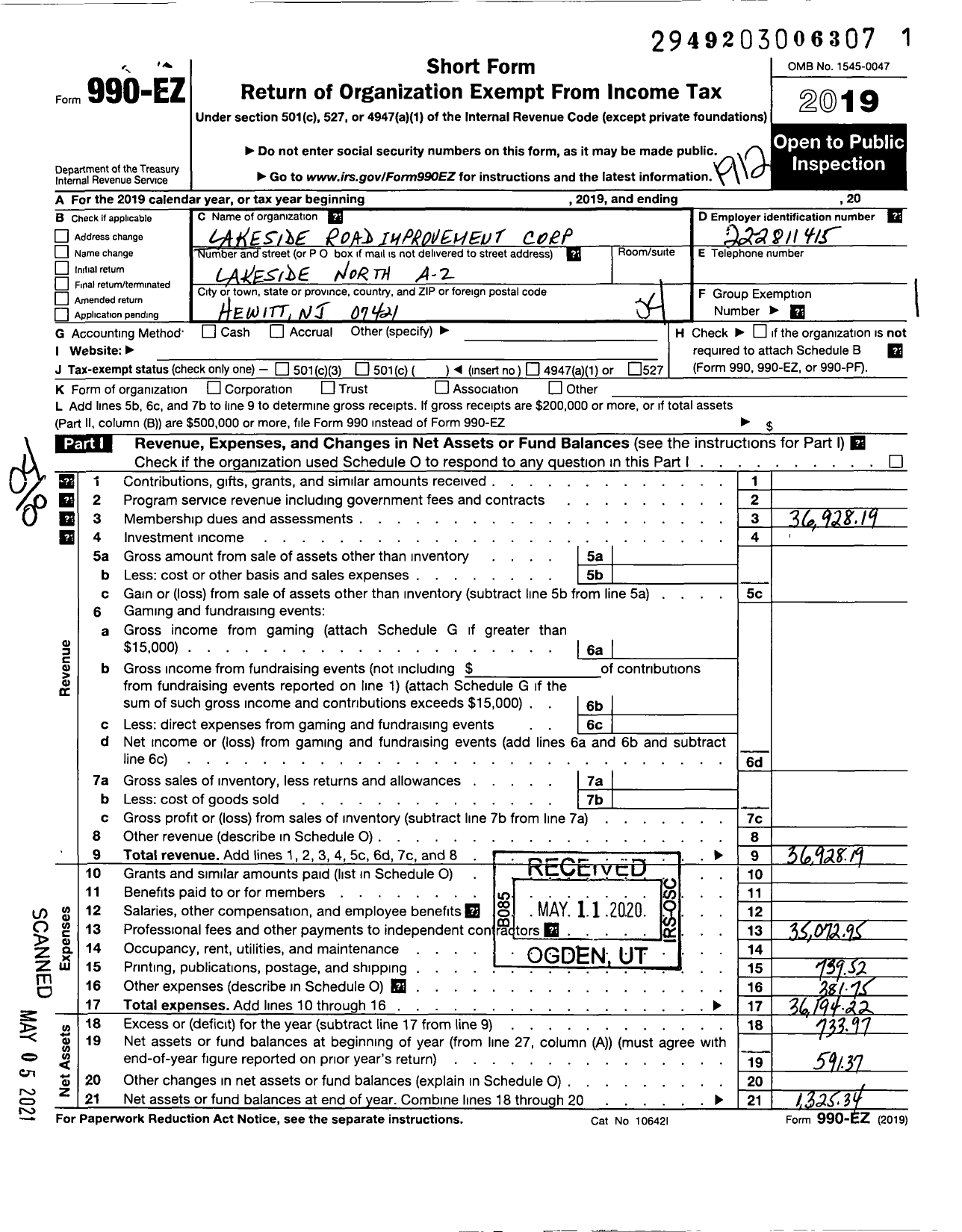 Image of first page of 2019 Form 990EO for Lakeside Road Improvement Corporation