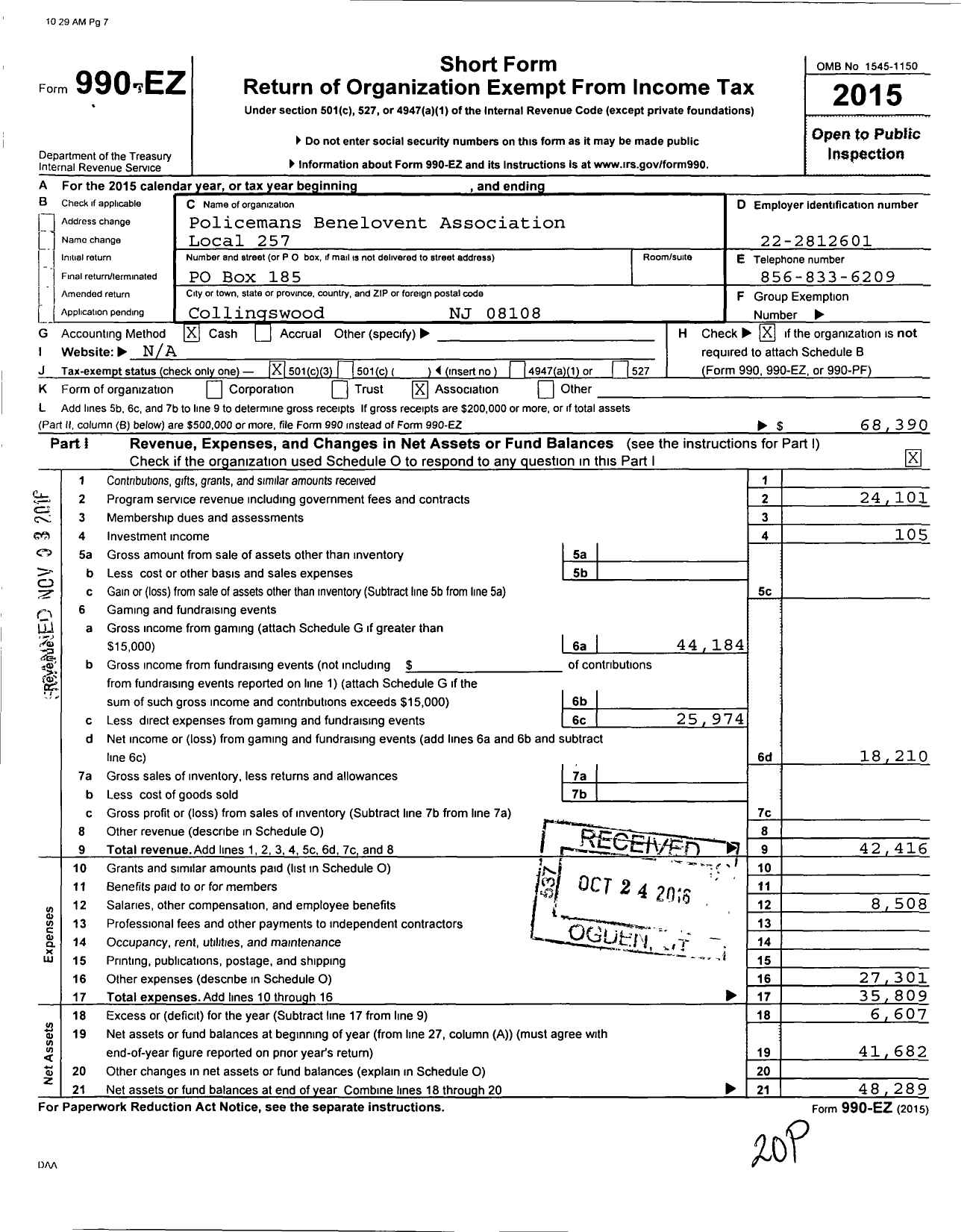 Image of first page of 2015 Form 990EZ for NJ State Patrolmen's Benevolent Association - 257 Pba Haddon Local