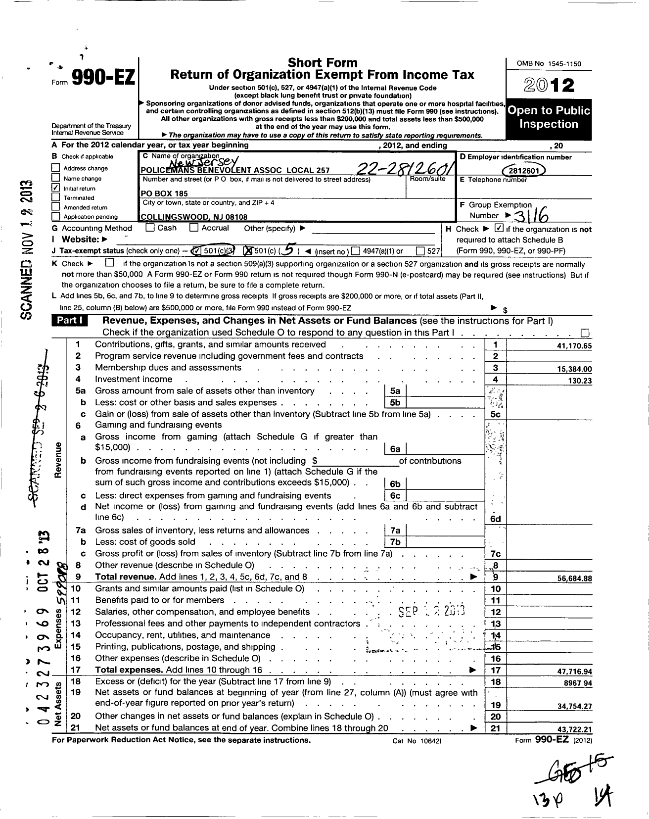 Image of first page of 2012 Form 990EO for NJ State Patrolmen's Benevolent Association - 257 Pba Haddon Local