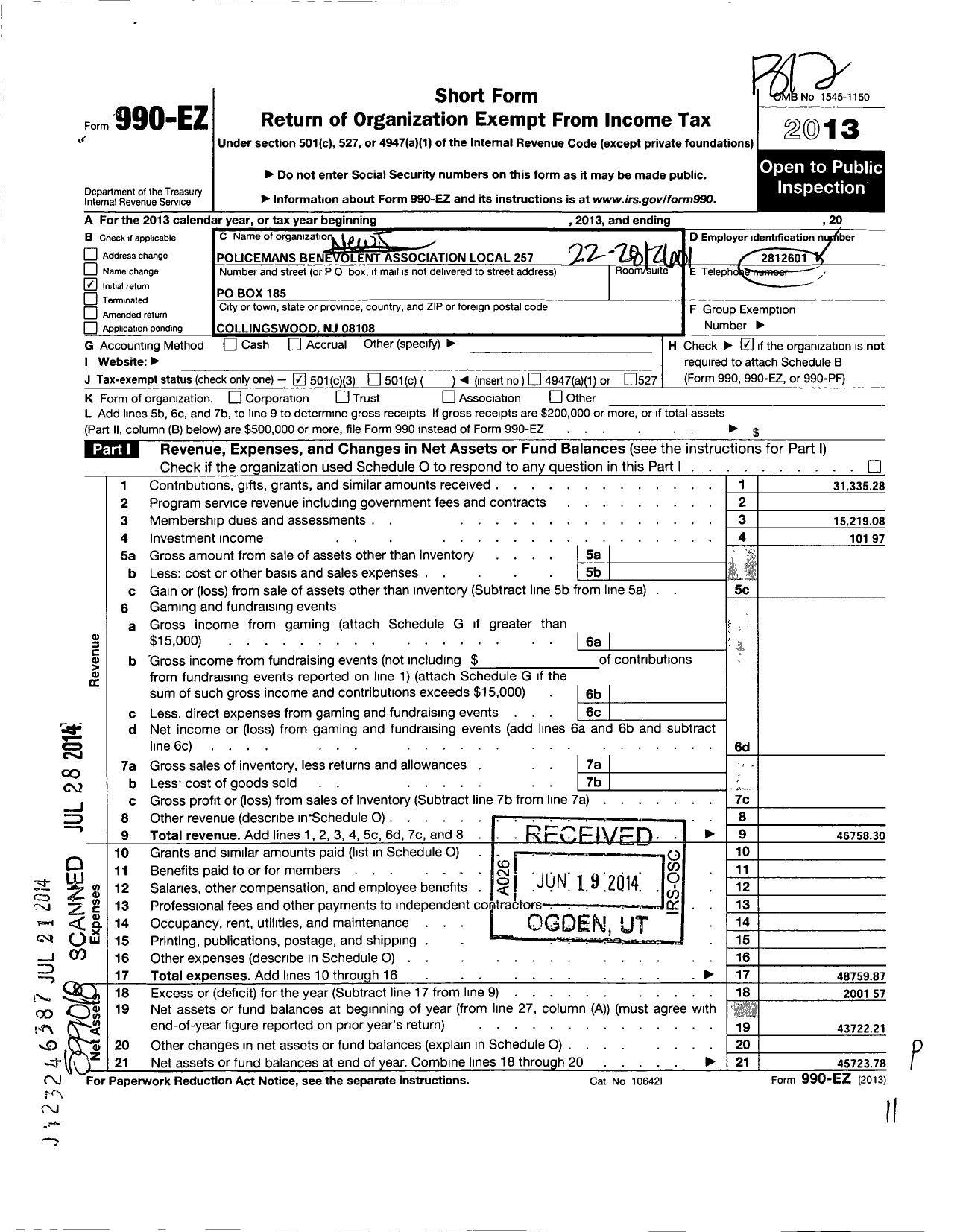 Image of first page of 2013 Form 990EZ for NJ State Patrolmen's Benevolent Association - 257 Pba Haddon Local