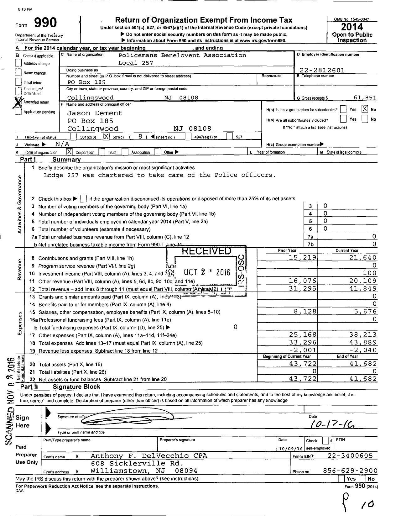 Image of first page of 2014 Form 990O for NJ State Patrolmen's Benevolent Association - 257 Pba Haddon Local